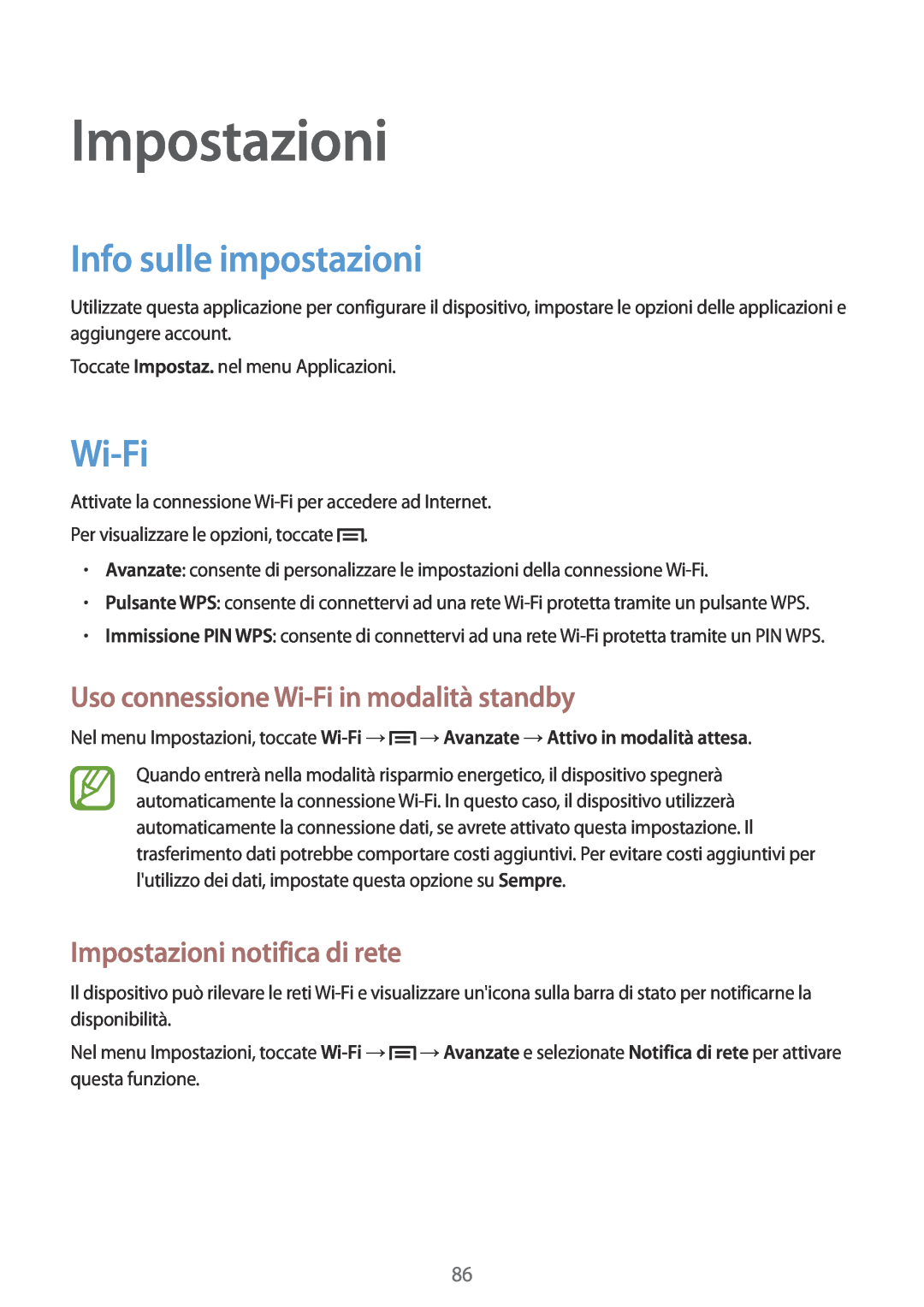 Samsung GT-S6810PWNITV manual Impostazioni, Info sulle impostazioni, Uso connessione Wi-Fi in modalità standby 