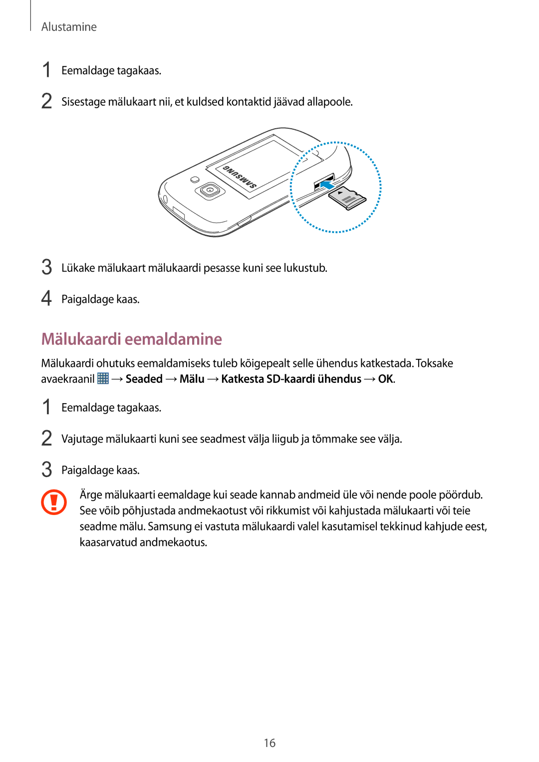 Samsung GT-S6810PWNSEB manual Mälukaardi eemaldamine 