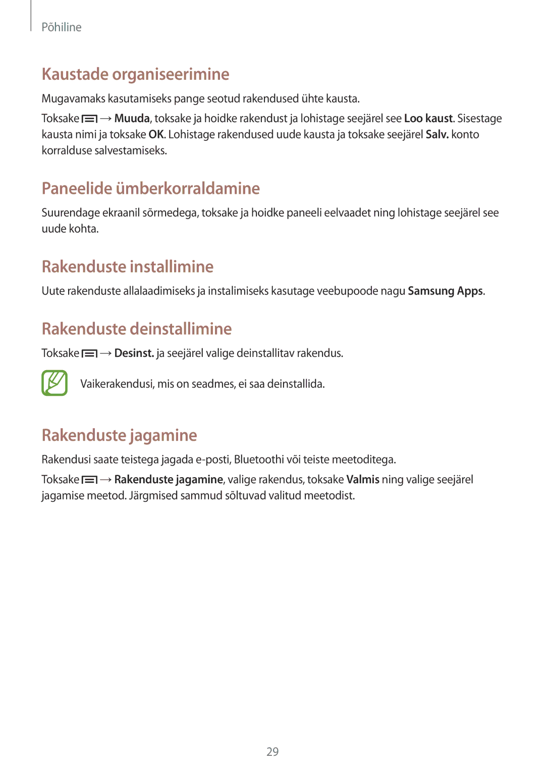 Samsung GT-S6810PWNSEB Kaustade organiseerimine, Rakenduste installimine, Rakenduste deinstallimine, Rakenduste jagamine 