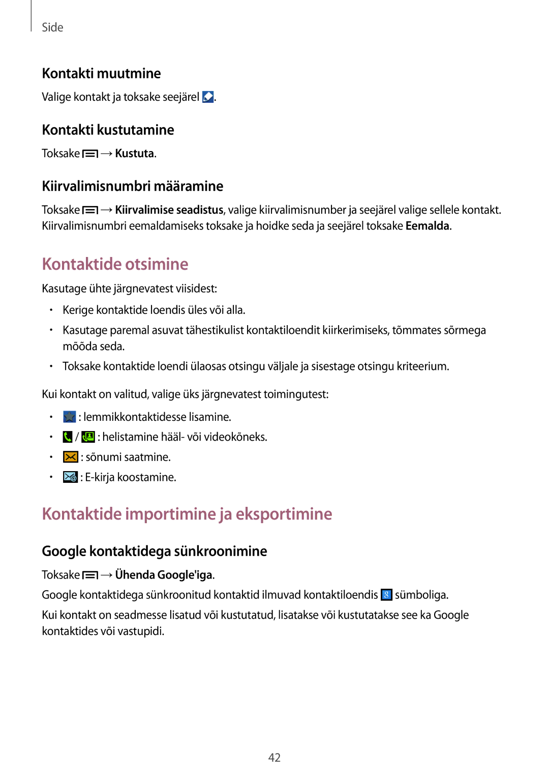 Samsung GT-S6810PWNSEB manual Kontaktide otsimine, Kontaktide importimine ja eksportimine 