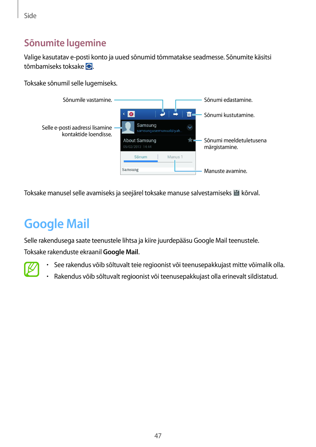 Samsung GT-S6810PWNSEB manual Google Mail, Sõnumite lugemine 