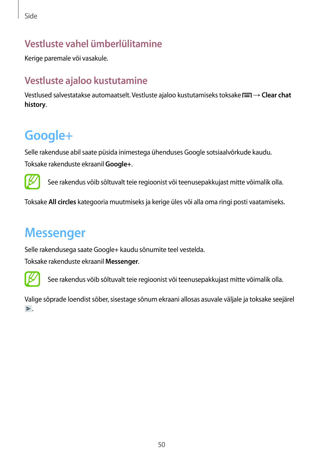 Samsung GT-S6810PWNSEB manual Google+, Messenger, Vestluste vahel ümberlülitamine, Vestluste ajaloo kustutamine 