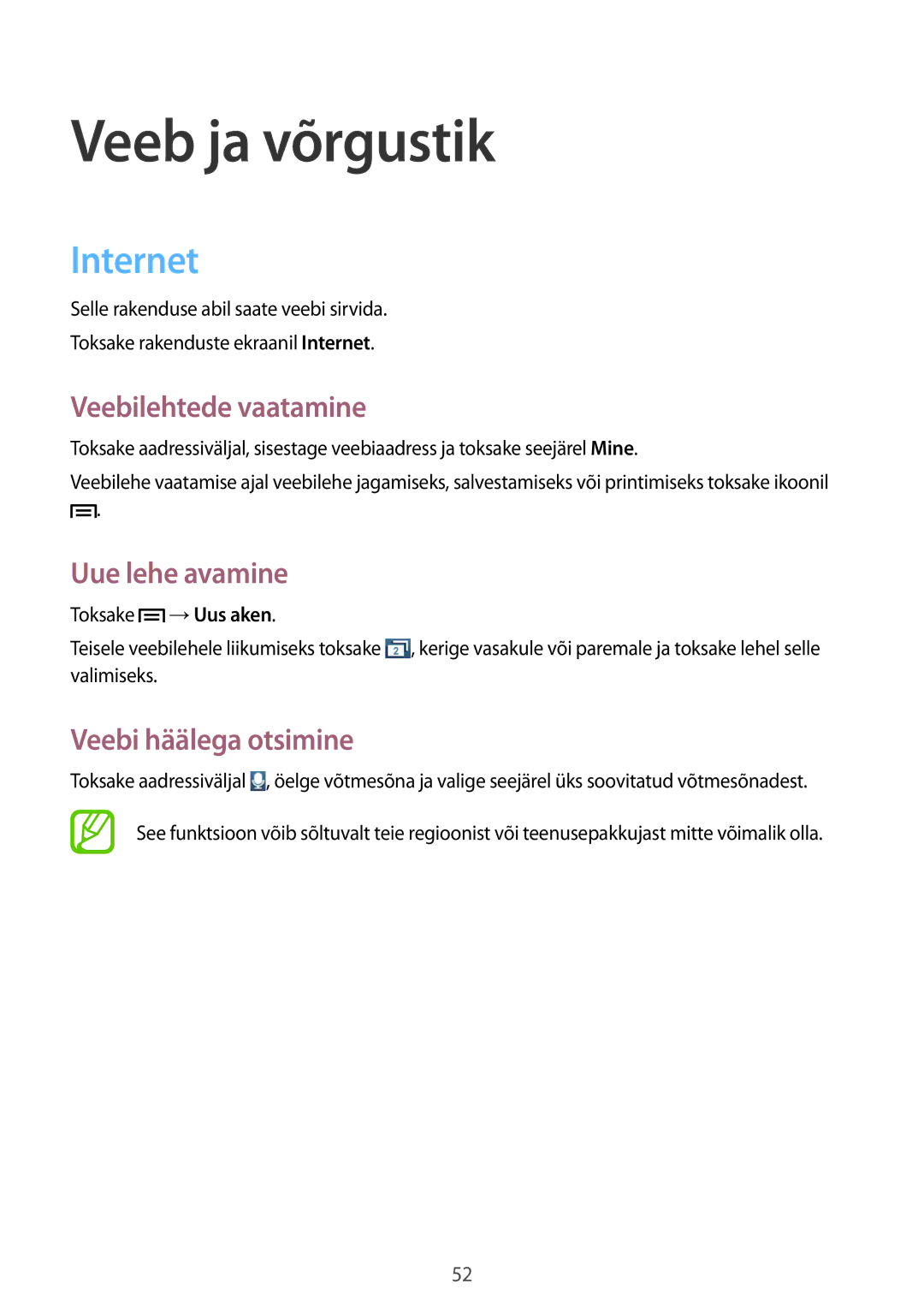 Samsung GT-S6810PWNSEB manual Veeb ja võrgustik, Internet, Veebilehtede vaatamine, Uue lehe avamine, Veebi häälega otsimine 