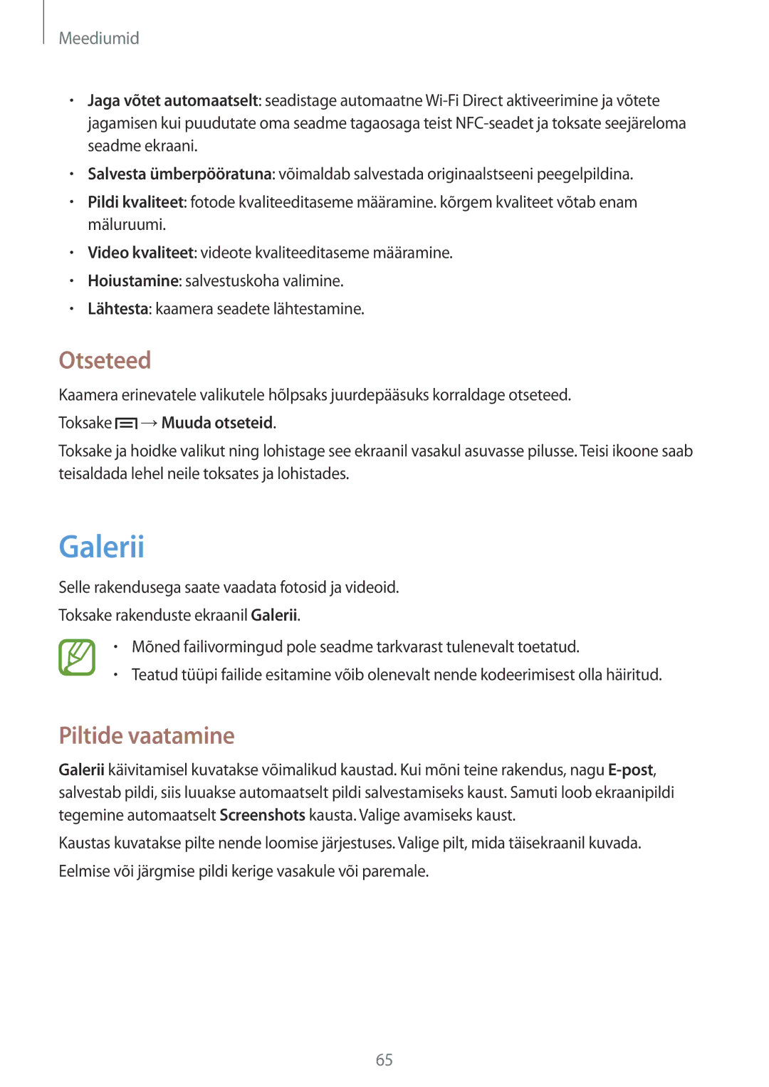 Samsung GT-S6810PWNSEB manual Galerii, Otseteed, Piltide vaatamine, Toksake →Muuda otseteid 