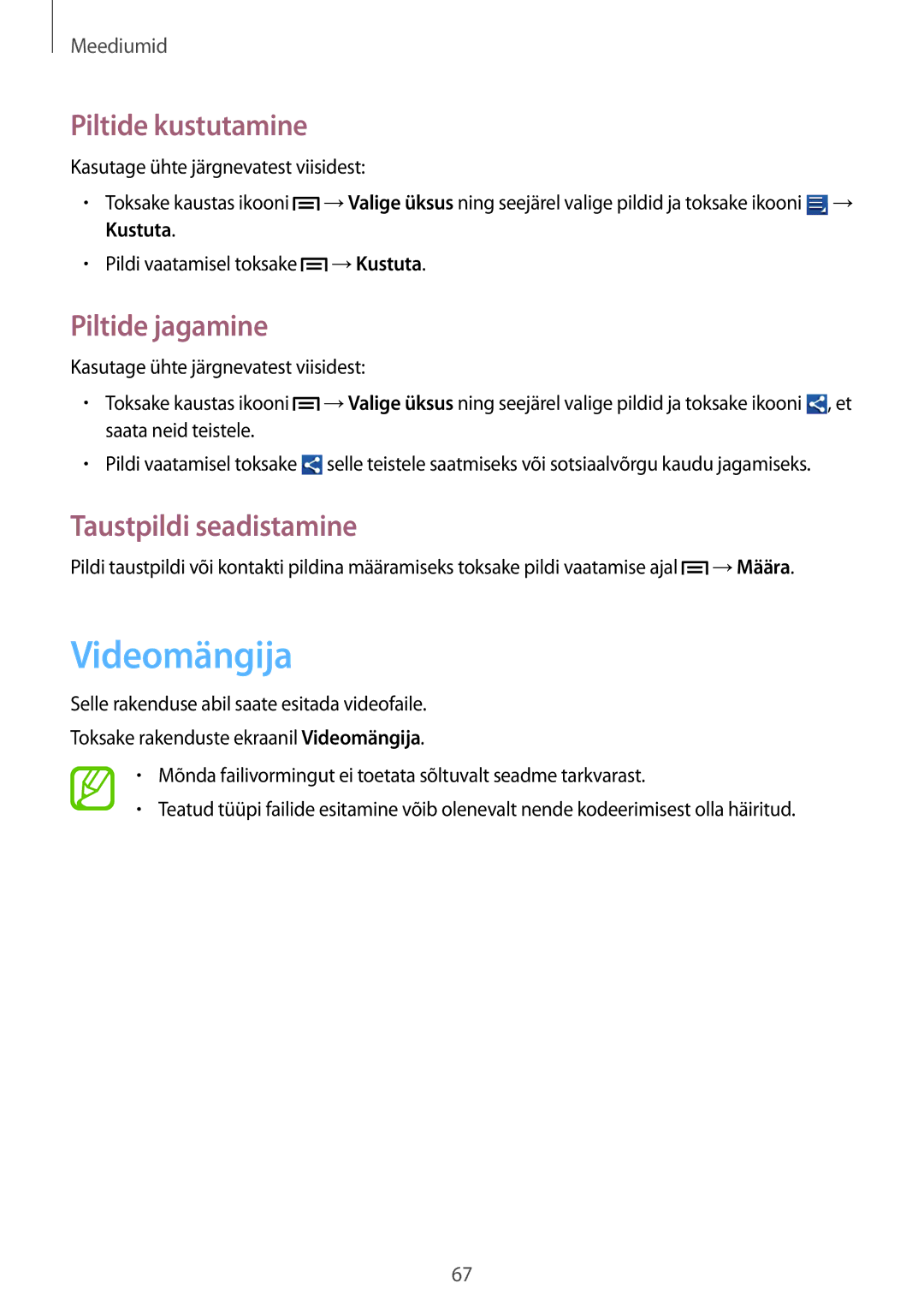 Samsung GT-S6810PWNSEB manual Videomängija, Piltide kustutamine, Piltide jagamine 