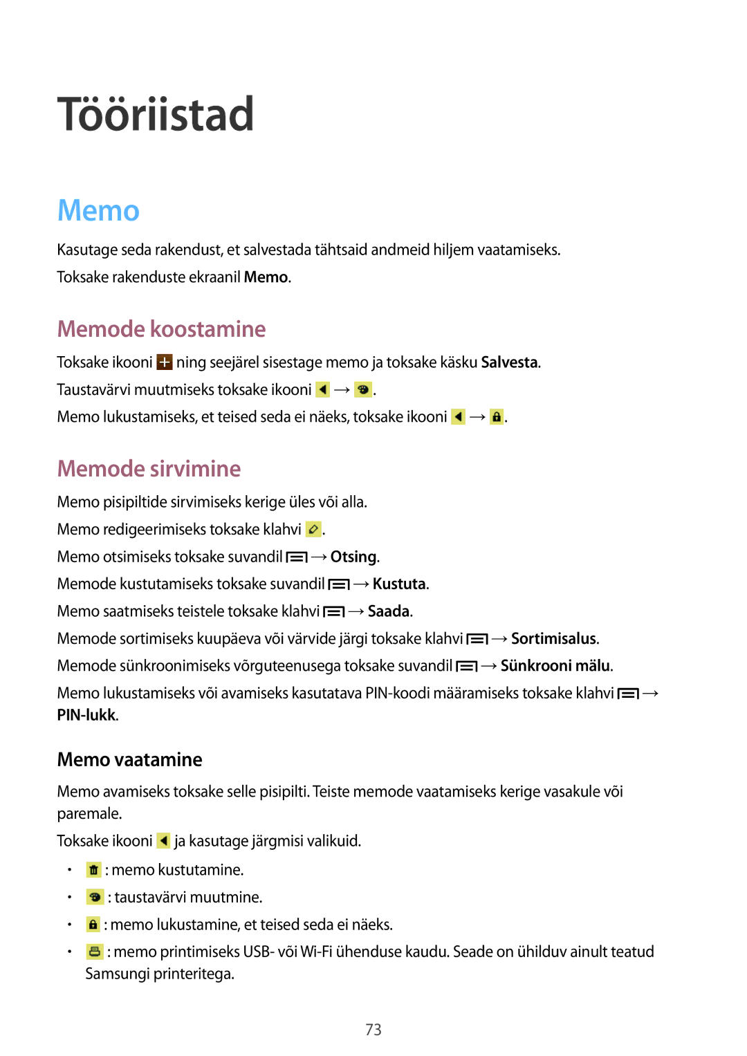 Samsung GT-S6810PWNSEB manual Tööriistad, Memode koostamine, Memode sirvimine, Memo vaatamine 