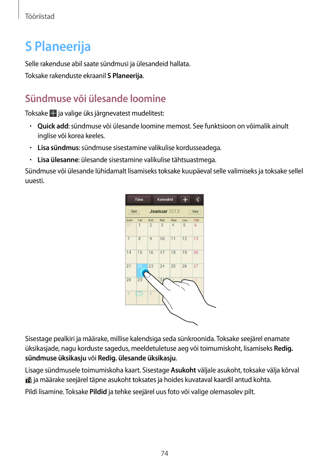 Samsung GT-S6810PWNSEB manual Planeerija, Sündmuse või ülesande loomine 