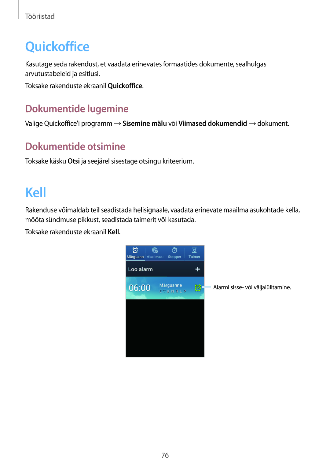 Samsung GT-S6810PWNSEB manual Quickoffice, Kell, Dokumentide lugemine, Dokumentide otsimine 