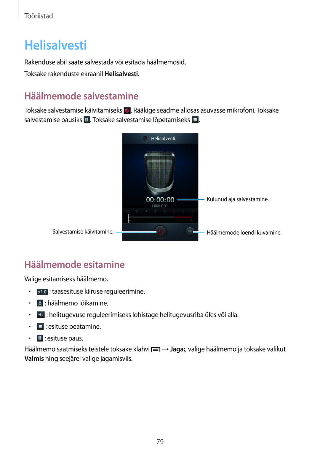 Samsung GT-S6810PWNSEB manual Helisalvesti, Häälmemode salvestamine, Häälmemode esitamine 