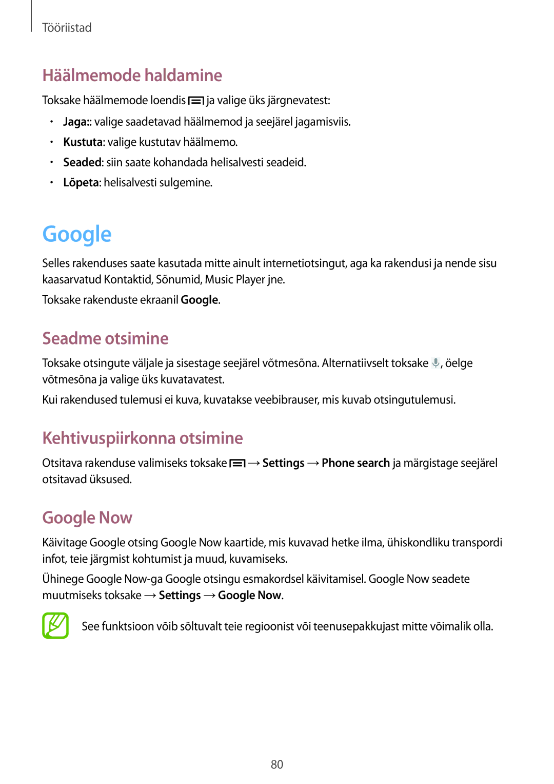 Samsung GT-S6810PWNSEB manual Häälmemode haldamine, Seadme otsimine, Kehtivuspiirkonna otsimine, Google Now 
