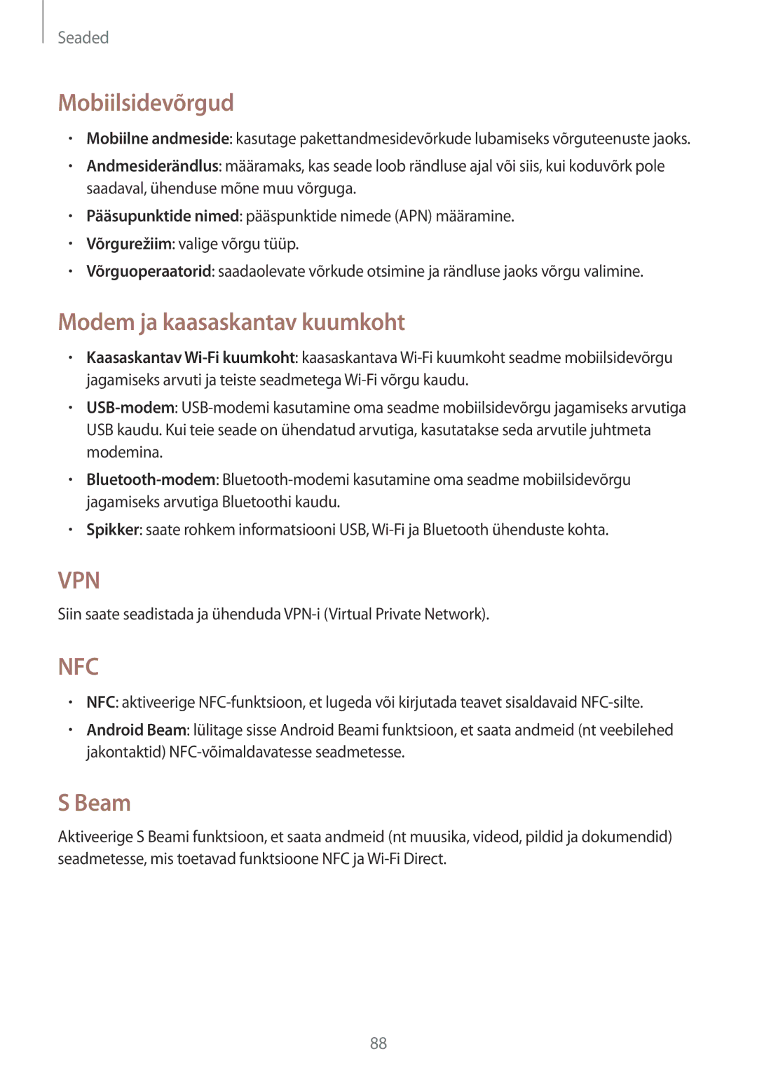 Samsung GT-S6810PWNSEB manual Mobiilsidevõrgud, Modem ja kaasaskantav kuumkoht, Beam 