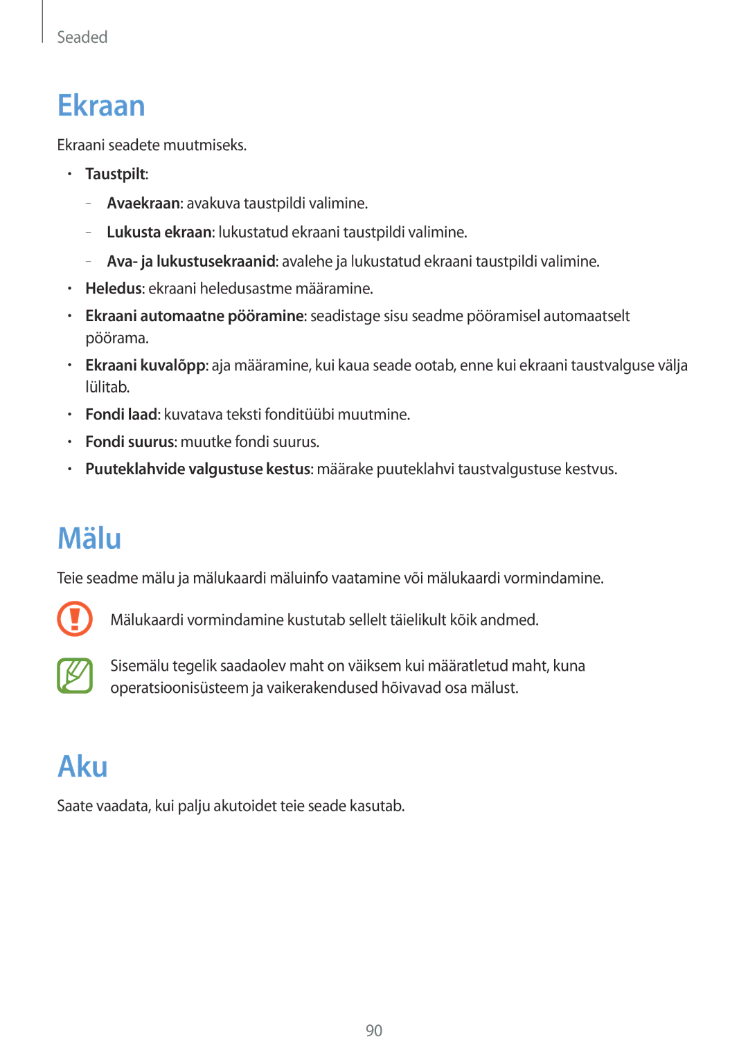 Samsung GT-S6810PWNSEB manual Ekraan, Mälu, Aku, Taustpilt 