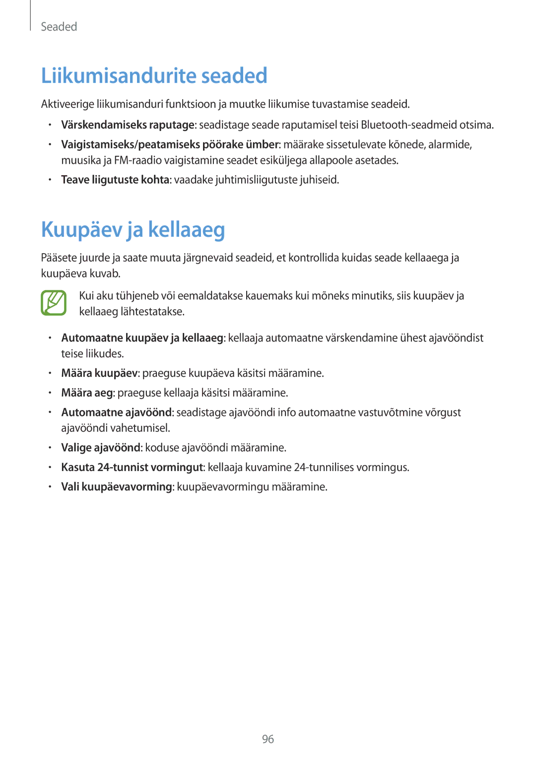 Samsung GT-S6810PWNSEB manual Liikumisandurite seaded, Kuupäev ja kellaaeg 