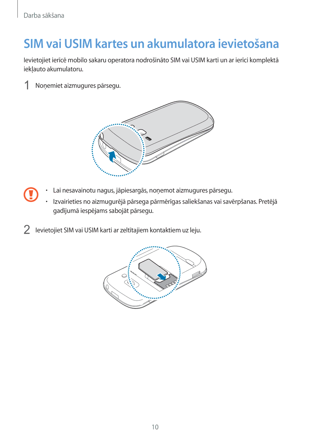 Samsung GT-S6810PWNSEB manual SIM vai Usim kartes un akumulatora ievietošana 