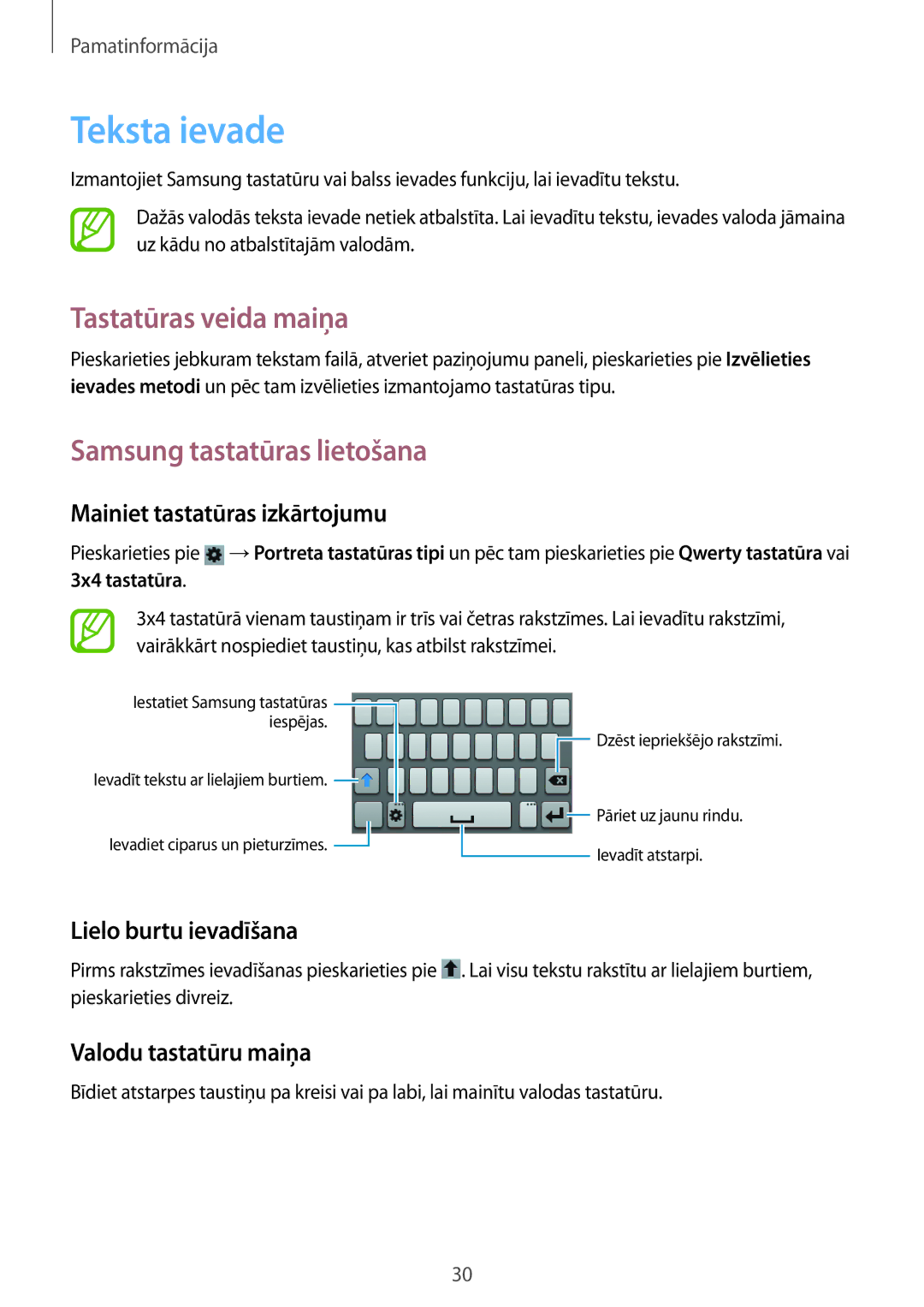 Samsung GT-S6810PWNSEB manual Teksta ievade, Tastatūras veida maiņa, Samsung tastatūras lietošana 