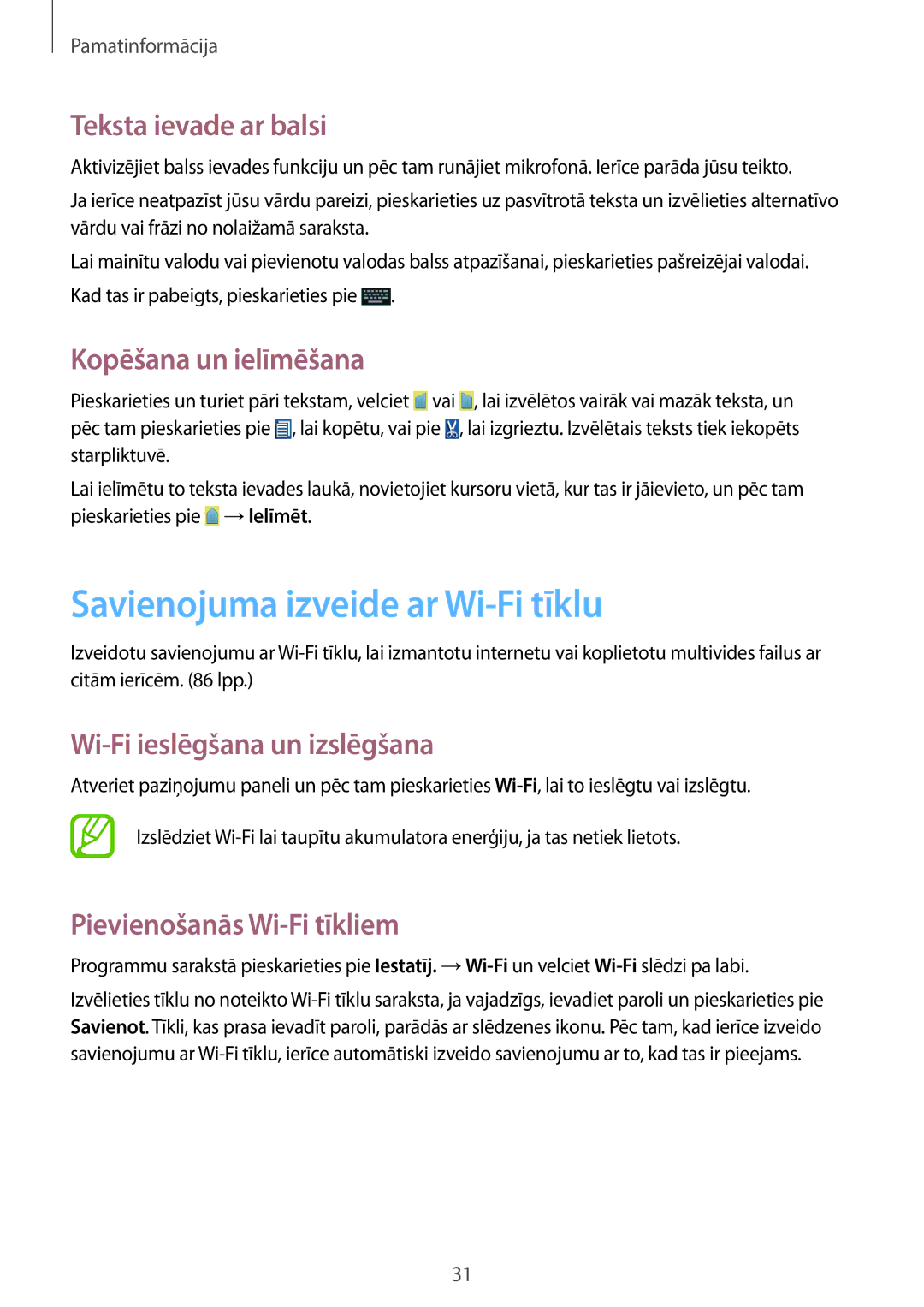 Samsung GT-S6810PWNSEB manual Savienojuma izveide ar Wi-Fi tīklu, Teksta ievade ar balsi, Kopēšana un ielīmēšana 