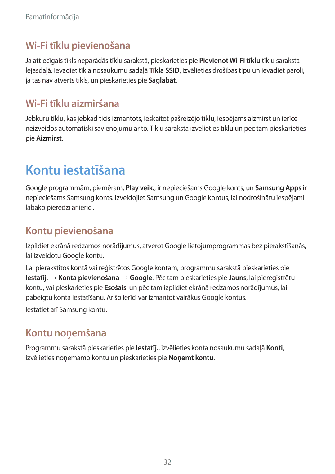 Samsung GT-S6810PWNSEB manual Kontu iestatīšana, Wi-Fi tīklu pievienošana, Wi-Fi tīklu aizmiršana, Kontu pievienošana 