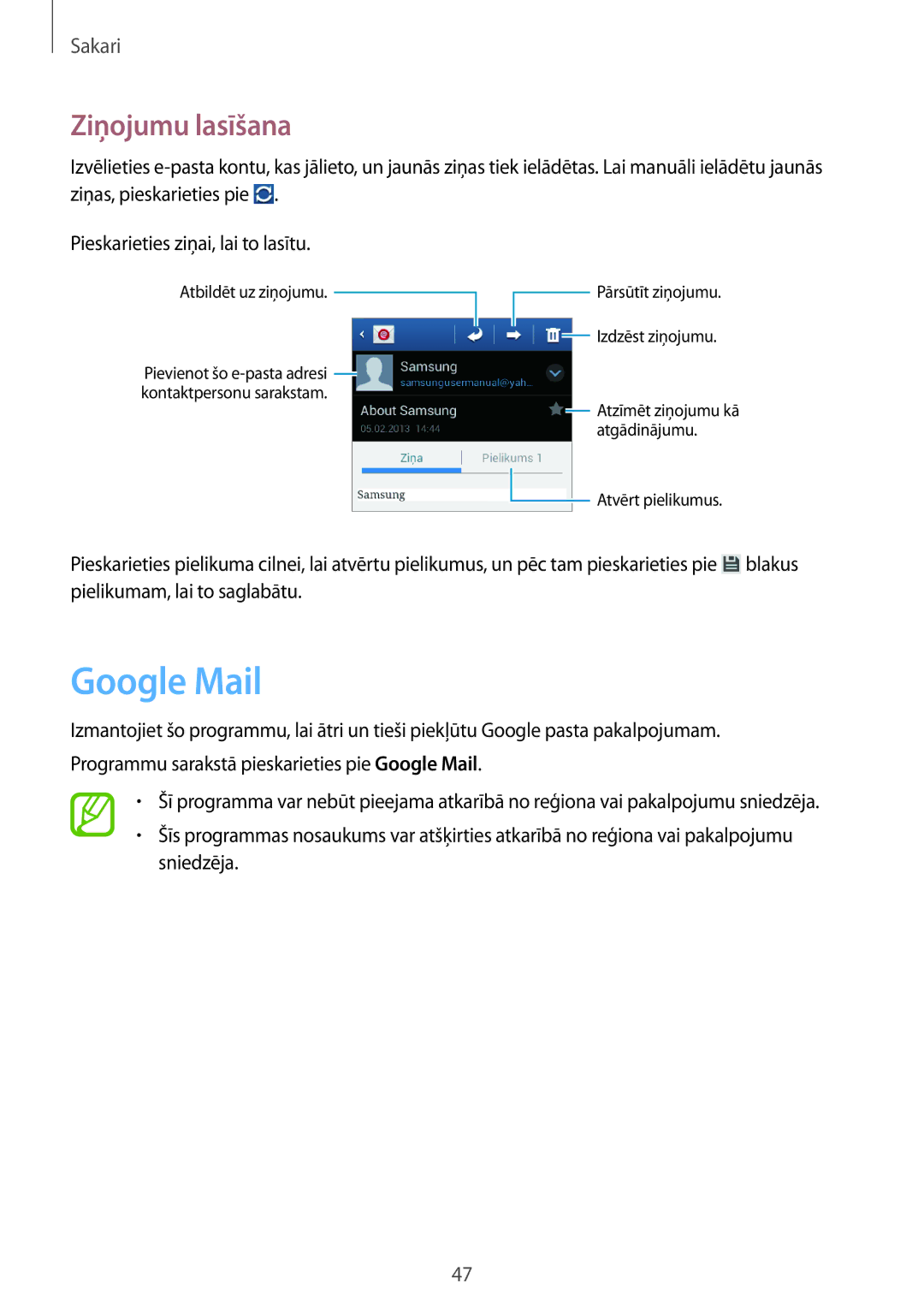 Samsung GT-S6810PWNSEB manual Google Mail, Ziņojumu lasīšana 