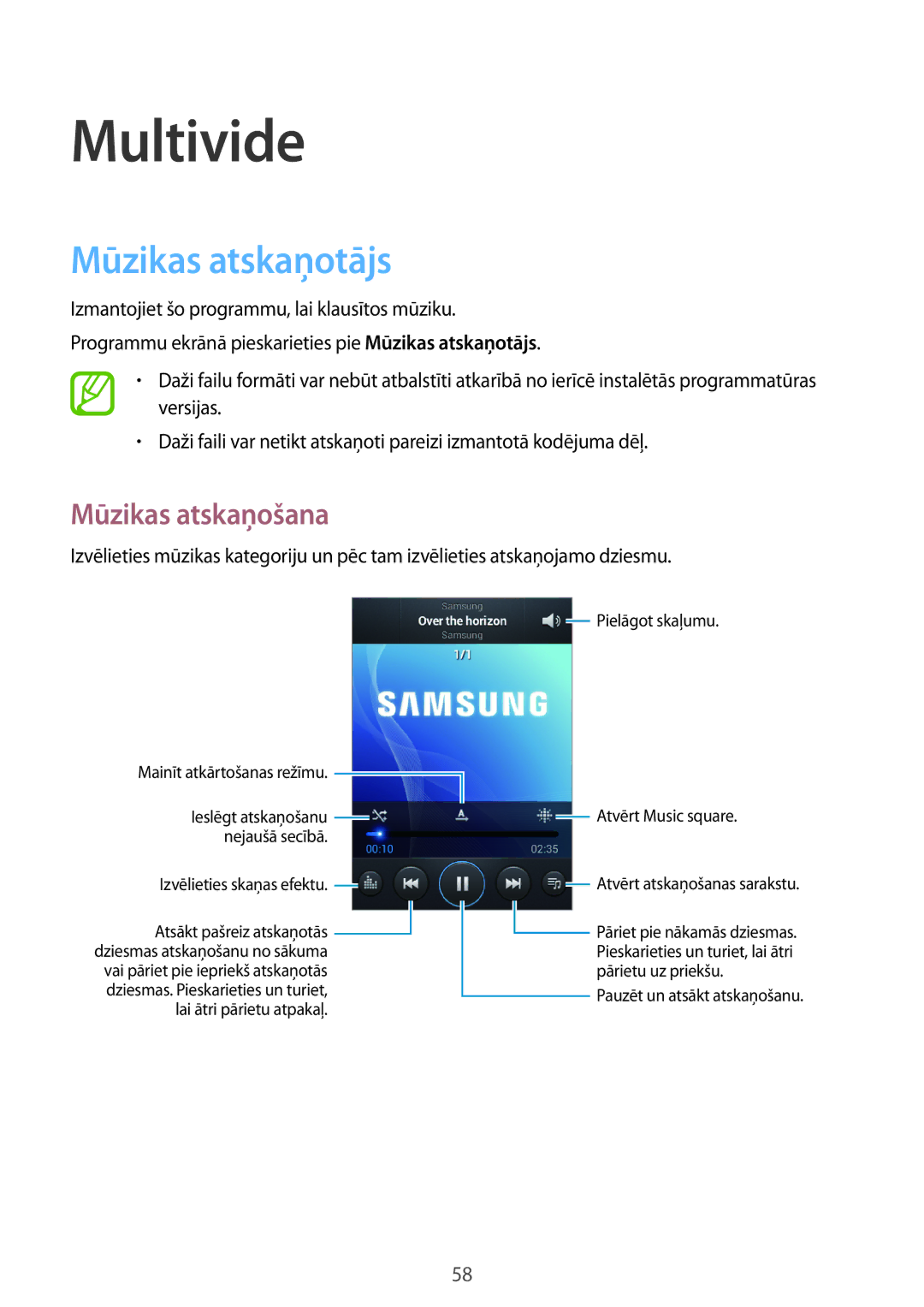 Samsung GT-S6810PWNSEB manual Multivide, Mūzikas atskaņotājs, Mūzikas atskaņošana 