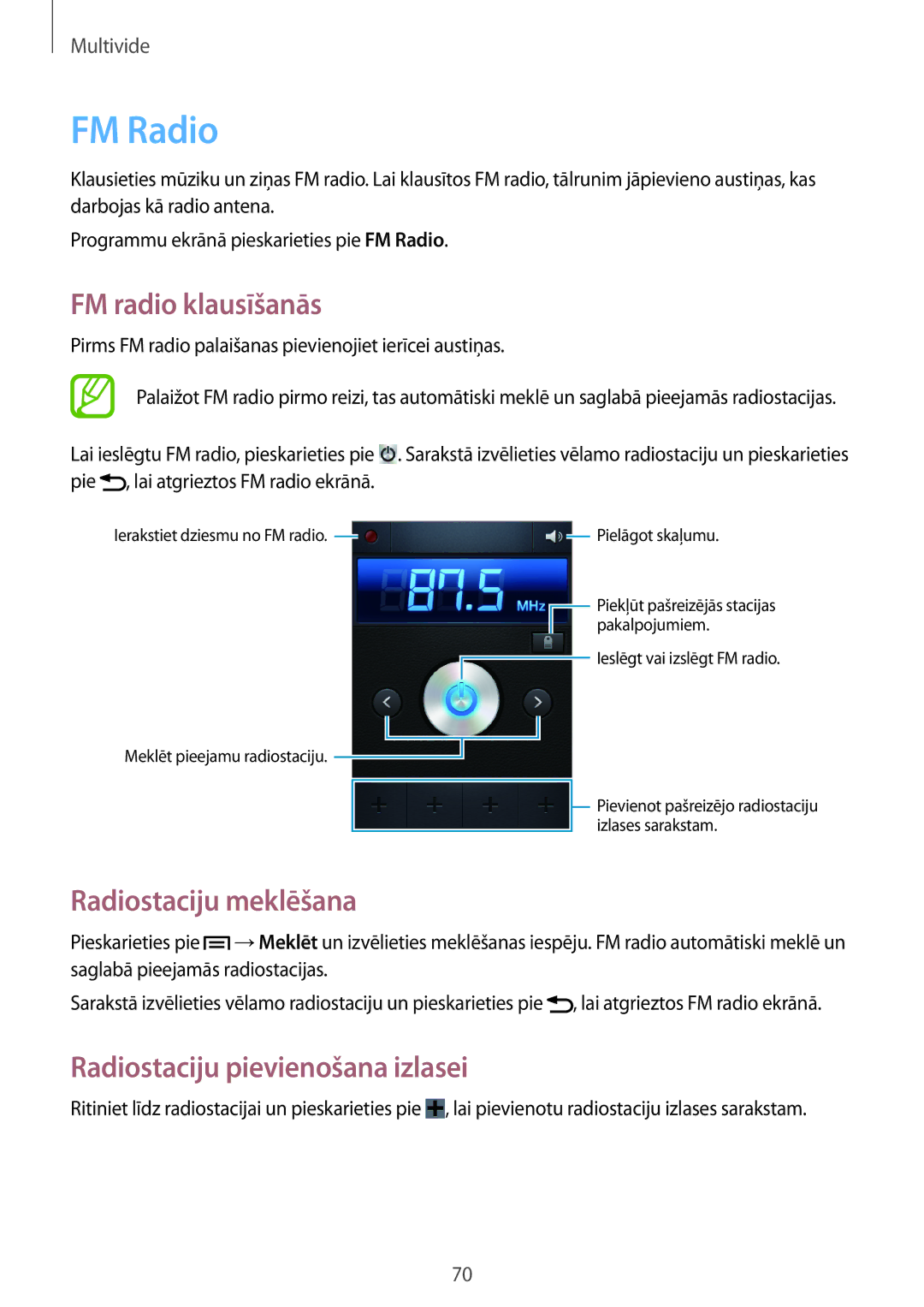 Samsung GT-S6810PWNSEB manual FM Radio, FM radio klausīšanās, Radiostaciju meklēšana, Radiostaciju pievienošana izlasei 