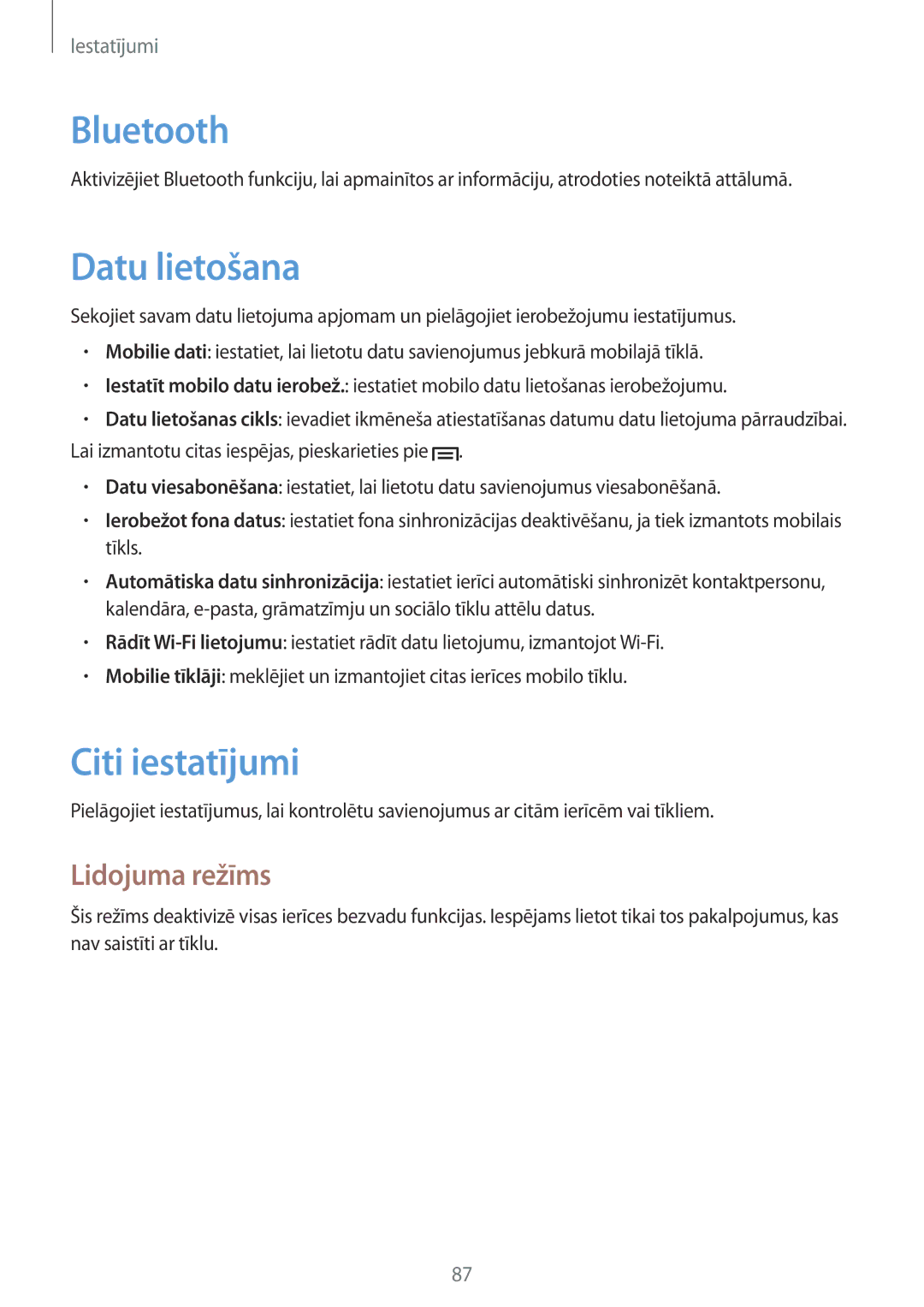 Samsung GT-S6810PWNSEB manual Datu lietošana, Citi iestatījumi, Lidojuma režīms 