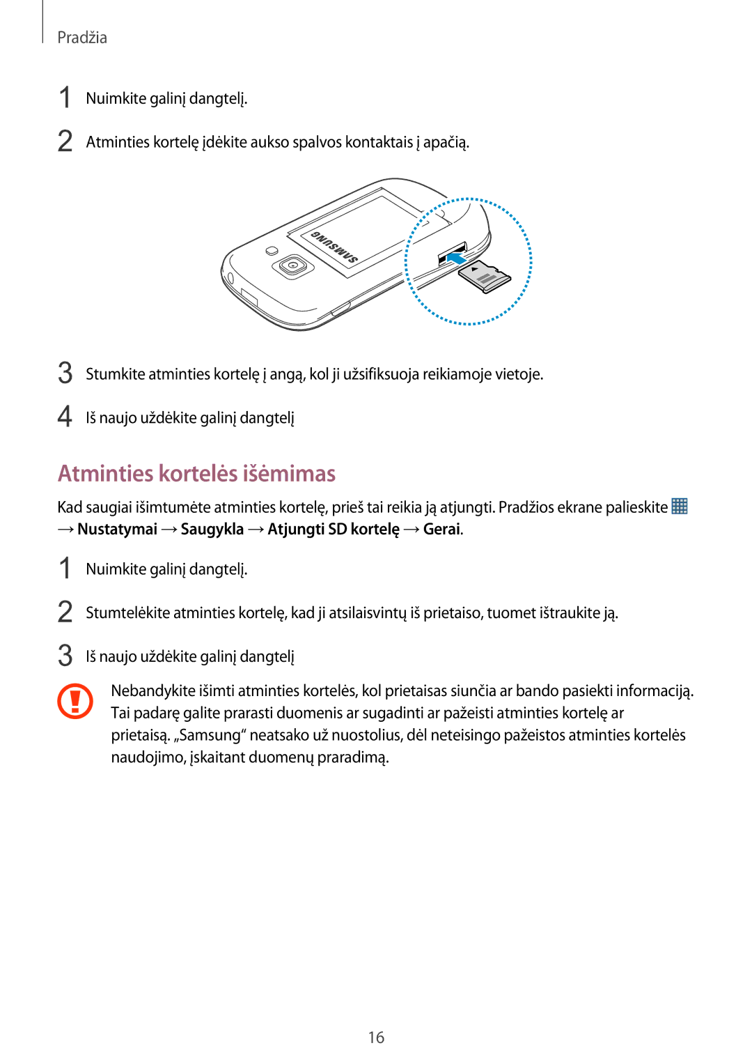 Samsung GT-S6810PWNSEB manual Atminties kortelės išėmimas, → Nustatymai →Saugykla →Atjungti SD kortelę →Gerai 