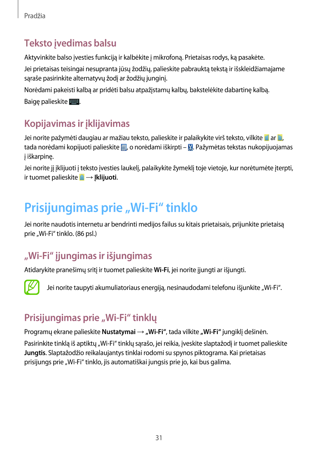 Samsung GT-S6810PWNSEB manual Prisijungimas prie „Wi-Fi tinklo, Teksto įvedimas balsu, Kopijavimas ir įklijavimas 