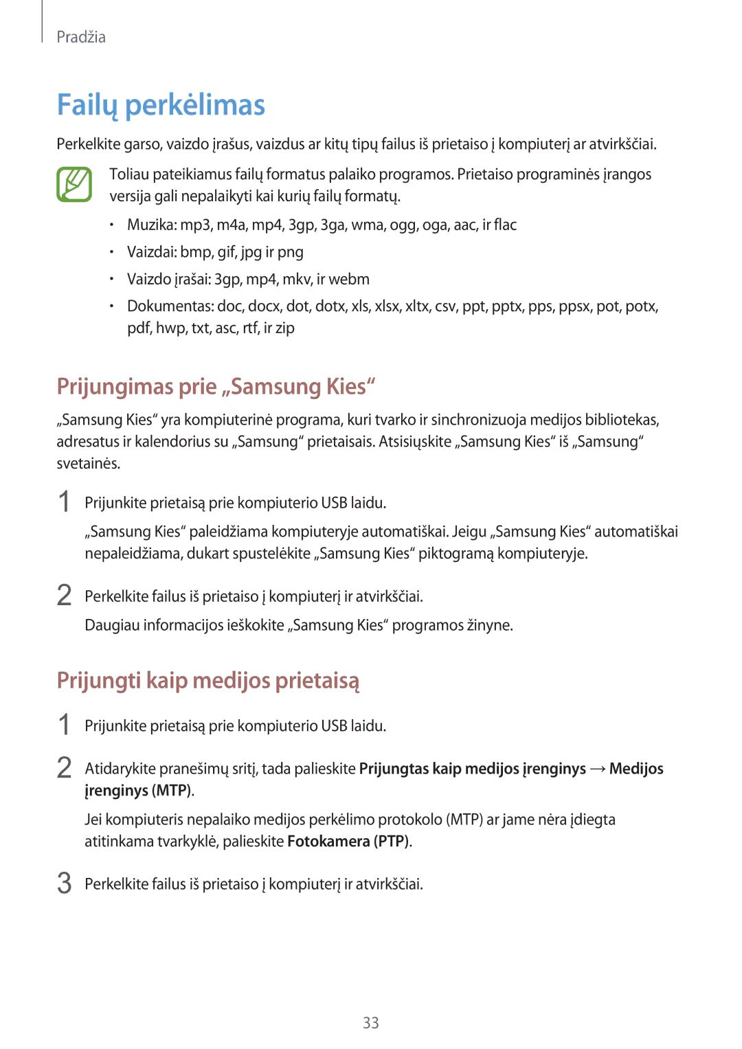 Samsung GT-S6810PWNSEB manual Failų perkėlimas, Prijungimas prie „Samsung Kies, Prijungti kaip medijos prietaisą 