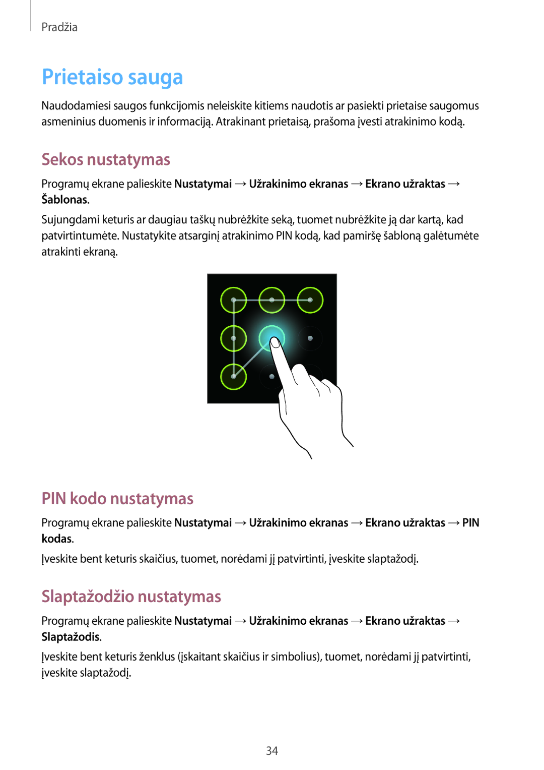 Samsung GT-S6810PWNSEB manual Prietaiso sauga, Sekos nustatymas, PIN kodo nustatymas, Slaptažodžio nustatymas 