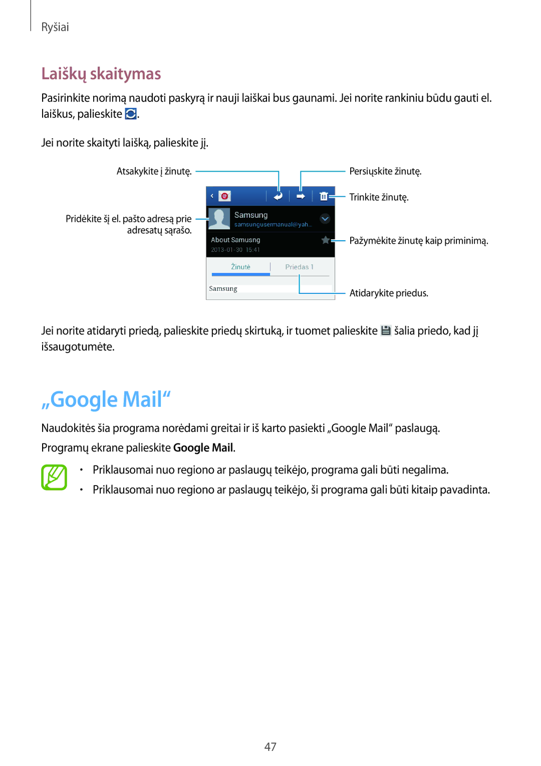 Samsung GT-S6810PWNSEB manual „Google Mail, Laiškų skaitymas 