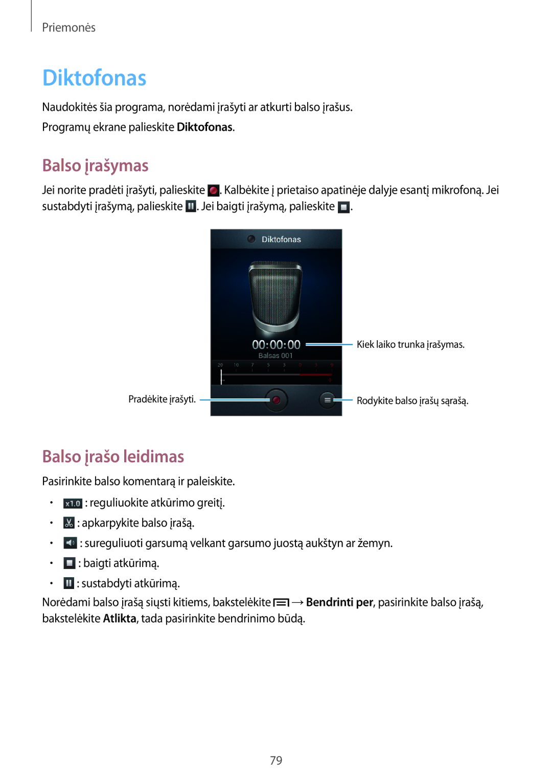 Samsung GT-S6810PWNSEB manual Diktofonas, Balso įrašymas, Balso įrašo leidimas 