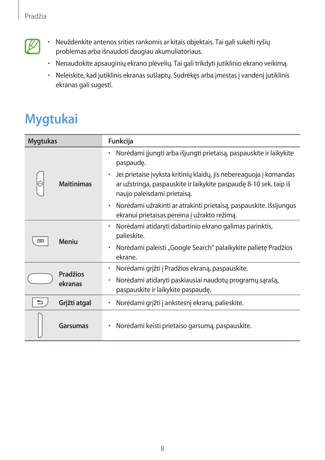 Samsung GT-S6810PWNSEB manual Mygtukai 