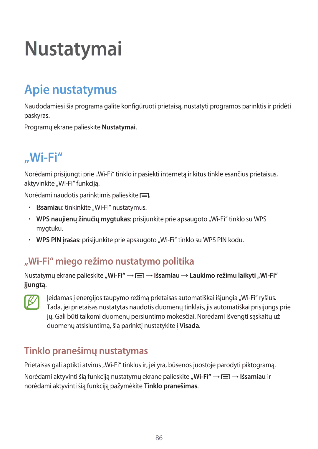 Samsung GT-S6810PWNSEB manual Apie nustatymus, „Wi-Fi miego režimo nustatymo politika, Tinklo pranešimų nustatymas 