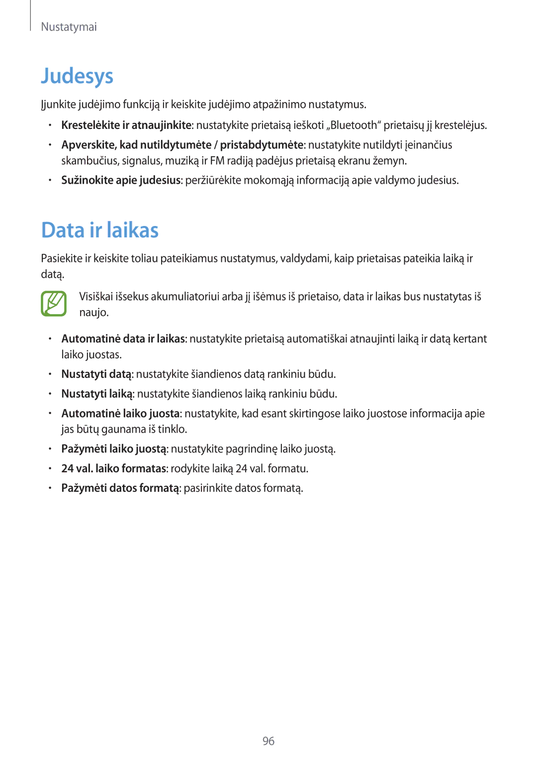 Samsung GT-S6810PWNSEB manual Judesys, Data ir laikas 