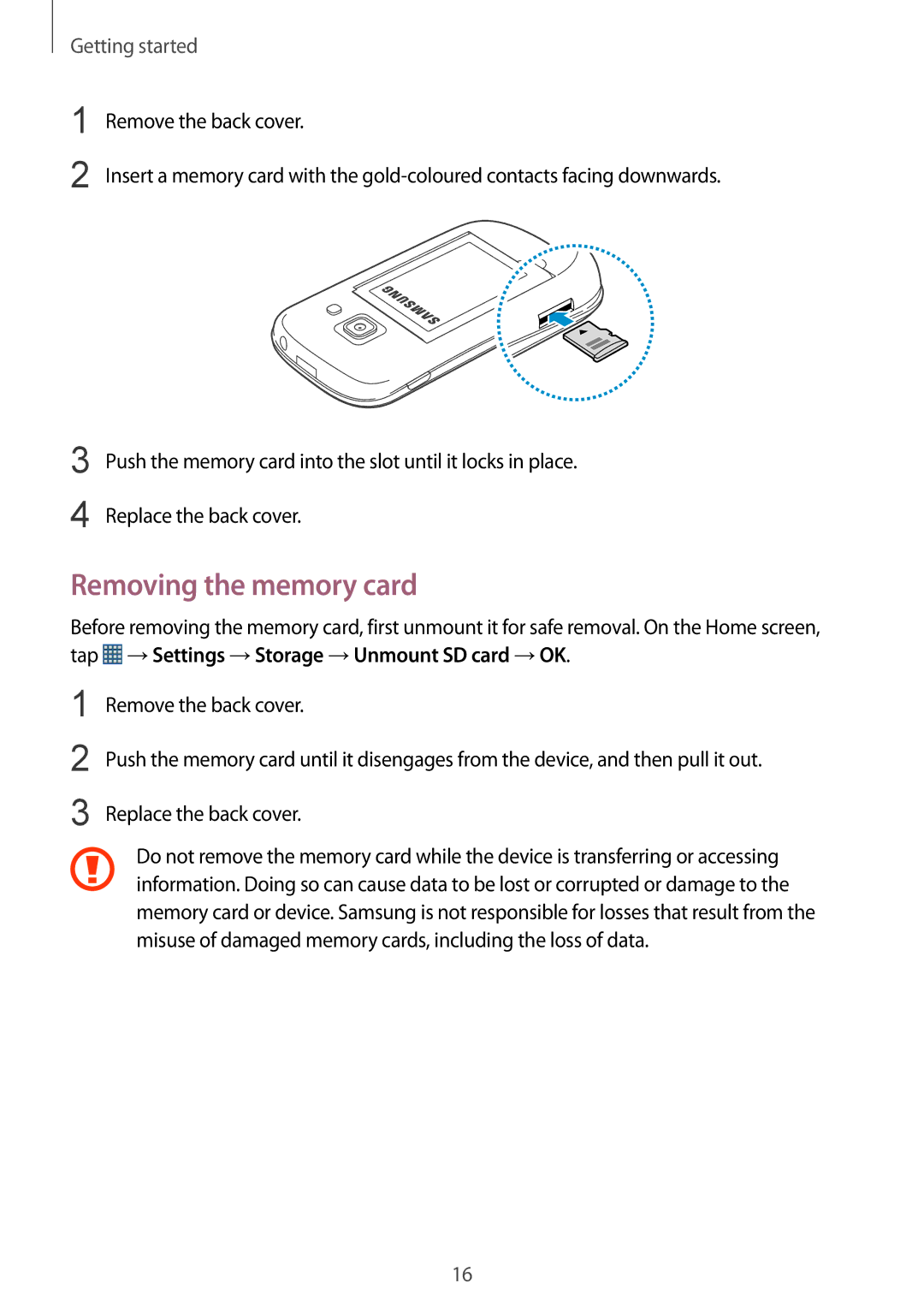 Samsung GT-S6810MBNMEO, GT-S6810PWNTUR, GT-S6810PWNDTM, GT-S6810PWNDBT, GT-S6810MBNTUR manual Removing the memory card 