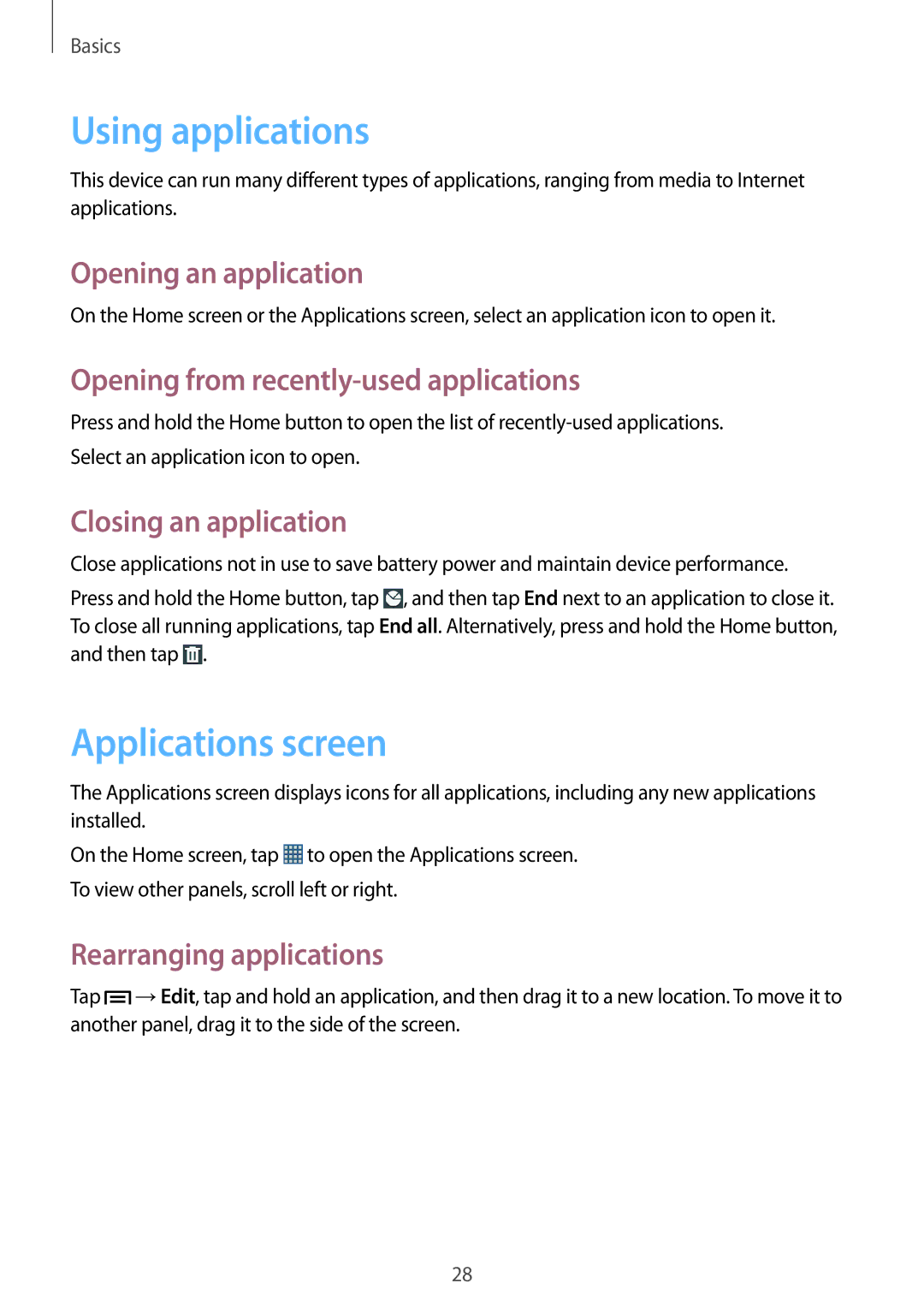 Samsung GT-S6810PWNBTU, GT-S6810PWNTUR, GT-S6810PWNDTM, GT-S6810PWNDBT manual Using applications, Applications screen 