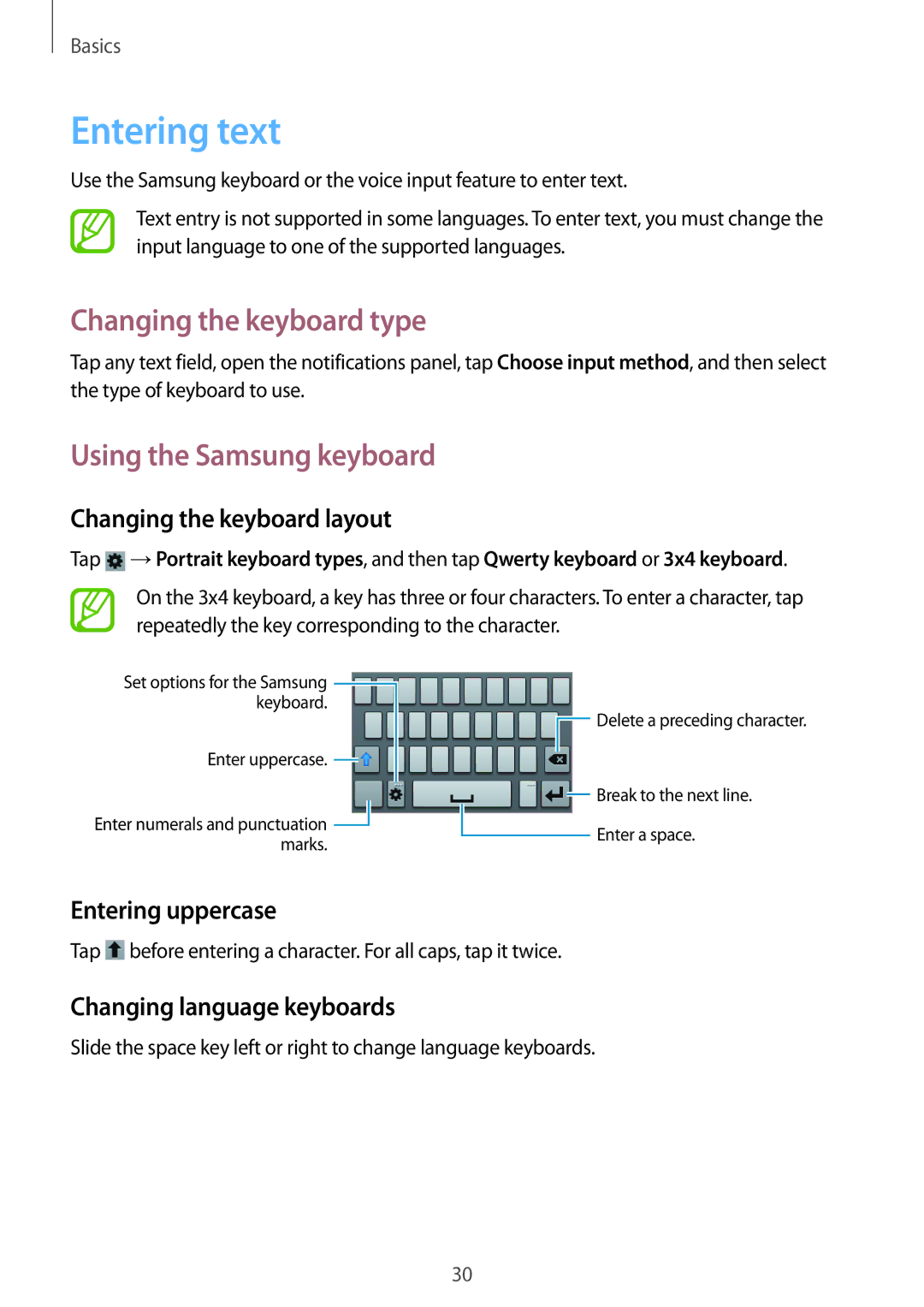 Samsung GT2S6810PWNVVT, GT-S6810PWNTUR manual Entering text, Changing the keyboard type, Using the Samsung keyboard 