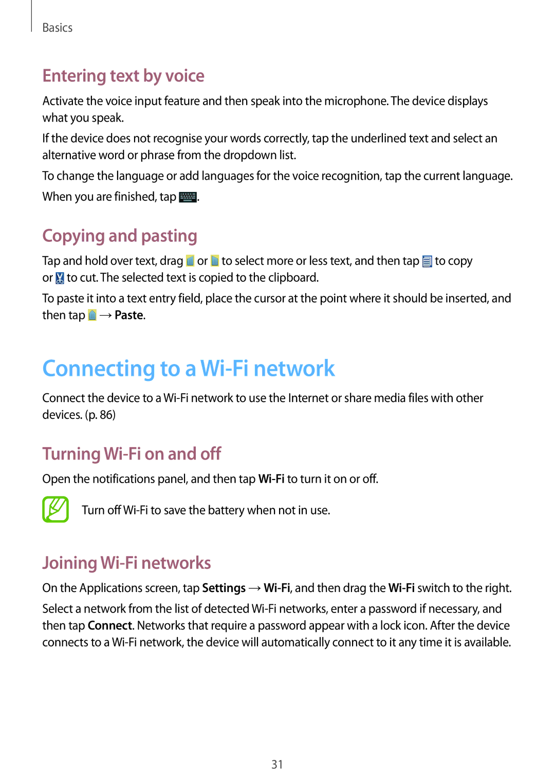 Samsung GT-S6810MBNGBL Connecting to a Wi-Fi network, Entering text by voice, Copying and pasting, Joining Wi-Fi networks 