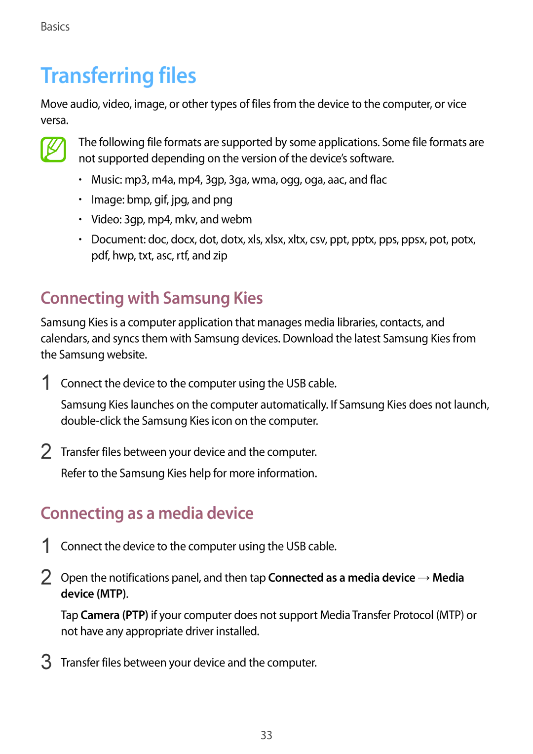 Samsung GT2S6810PWNBGL manual Transferring files, Connecting with Samsung Kies, Connecting as a media device, Device MTP 