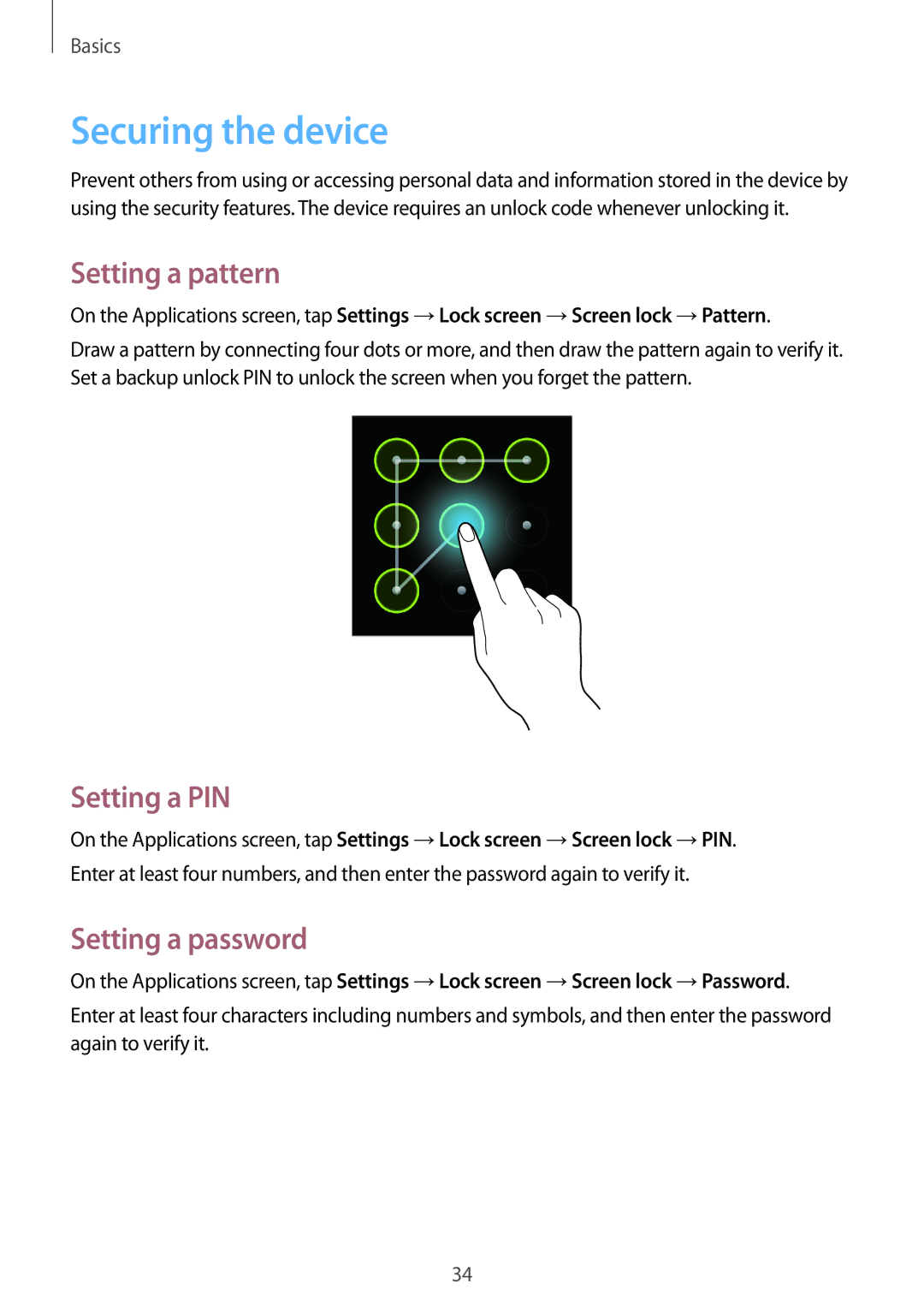 Samsung GT2S6810PWNGBL, GT-S6810PWNTUR manual Securing the device, Setting a pattern, Setting a PIN, Setting a password 