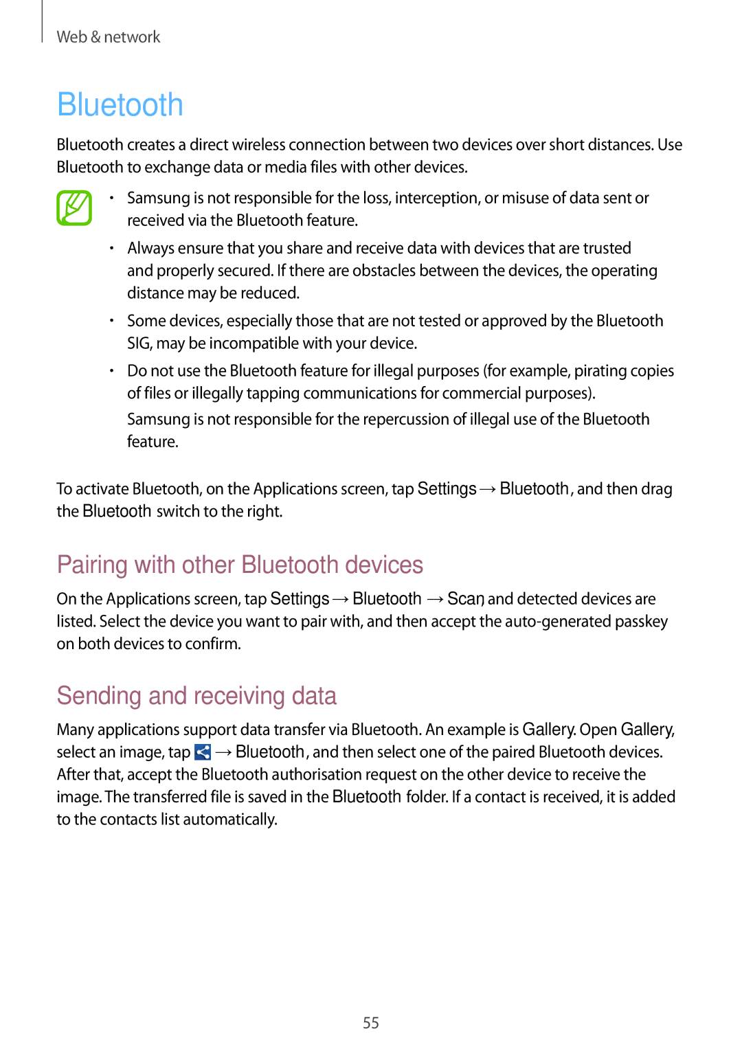 Samsung GT-S6810MBNETL, GT-S6810PWNTUR, GT-S6810PWNDTM Pairing with other Bluetooth devices, Sending and receiving data 