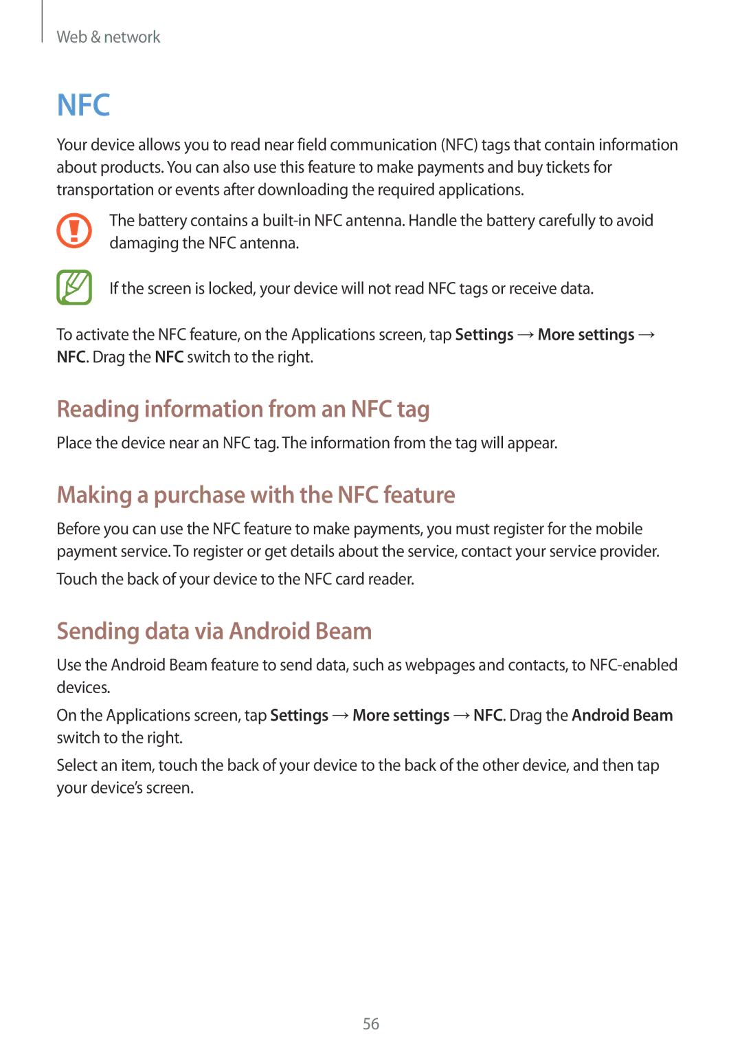 Samsung GT2S6810PWNO2C, GT-S6810PWNTUR manual Reading information from an NFC tag, Making a purchase with the NFC feature 