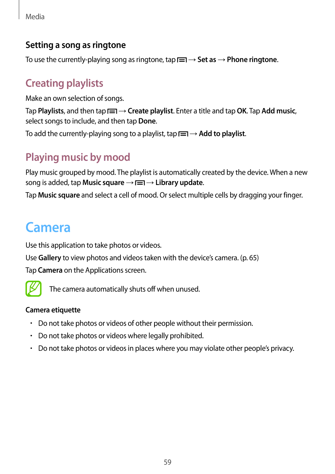 Samsung GT2S6810MBNVDC manual Creating playlists, Playing music by mood, Setting a song as ringtone, Camera etiquette 