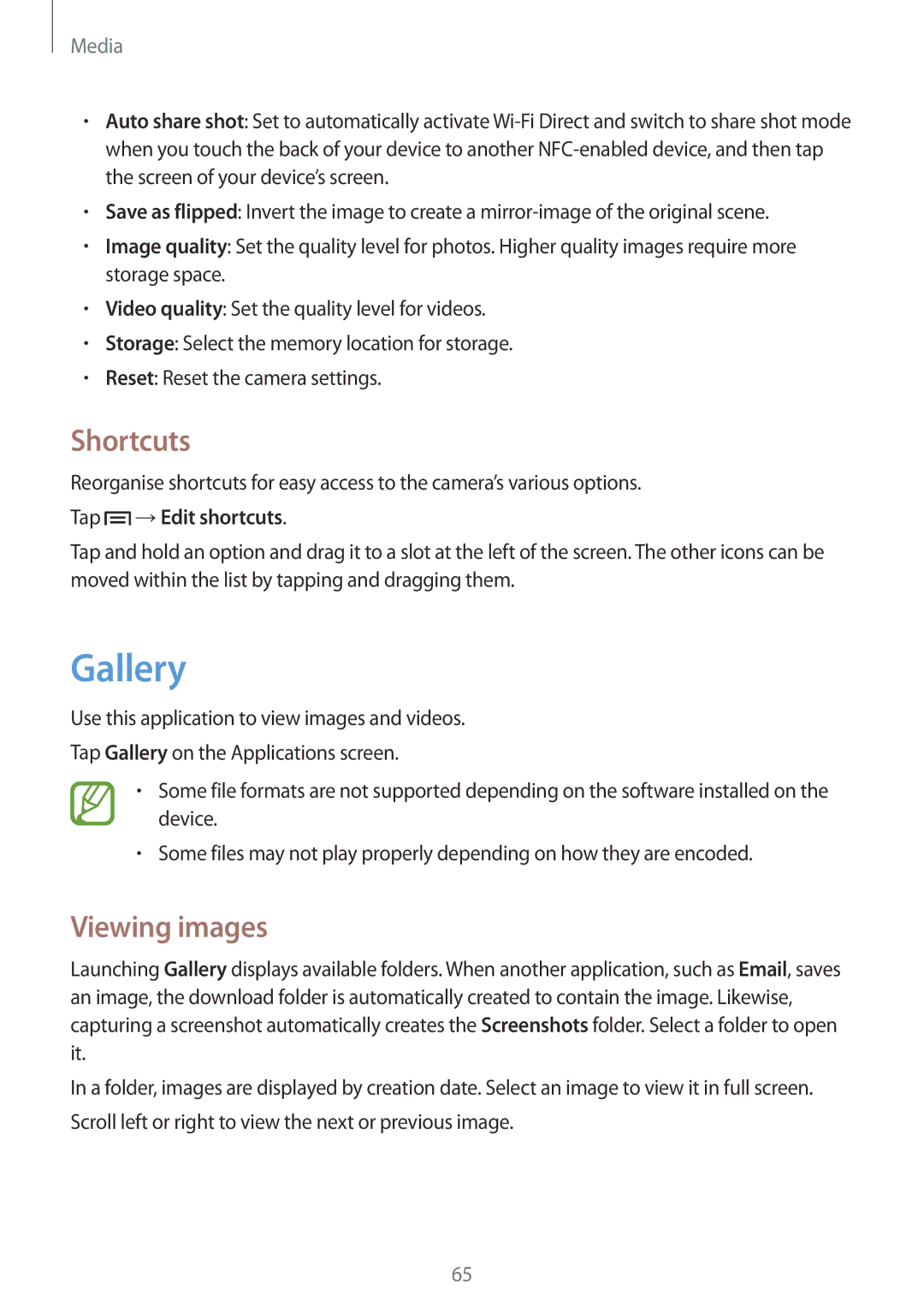 Samsung GT-S6810MBNO2C, GT-S6810PWNTUR, GT-S6810PWNDTM manual Gallery, Shortcuts, Viewing images, Tap →Edit shortcuts 