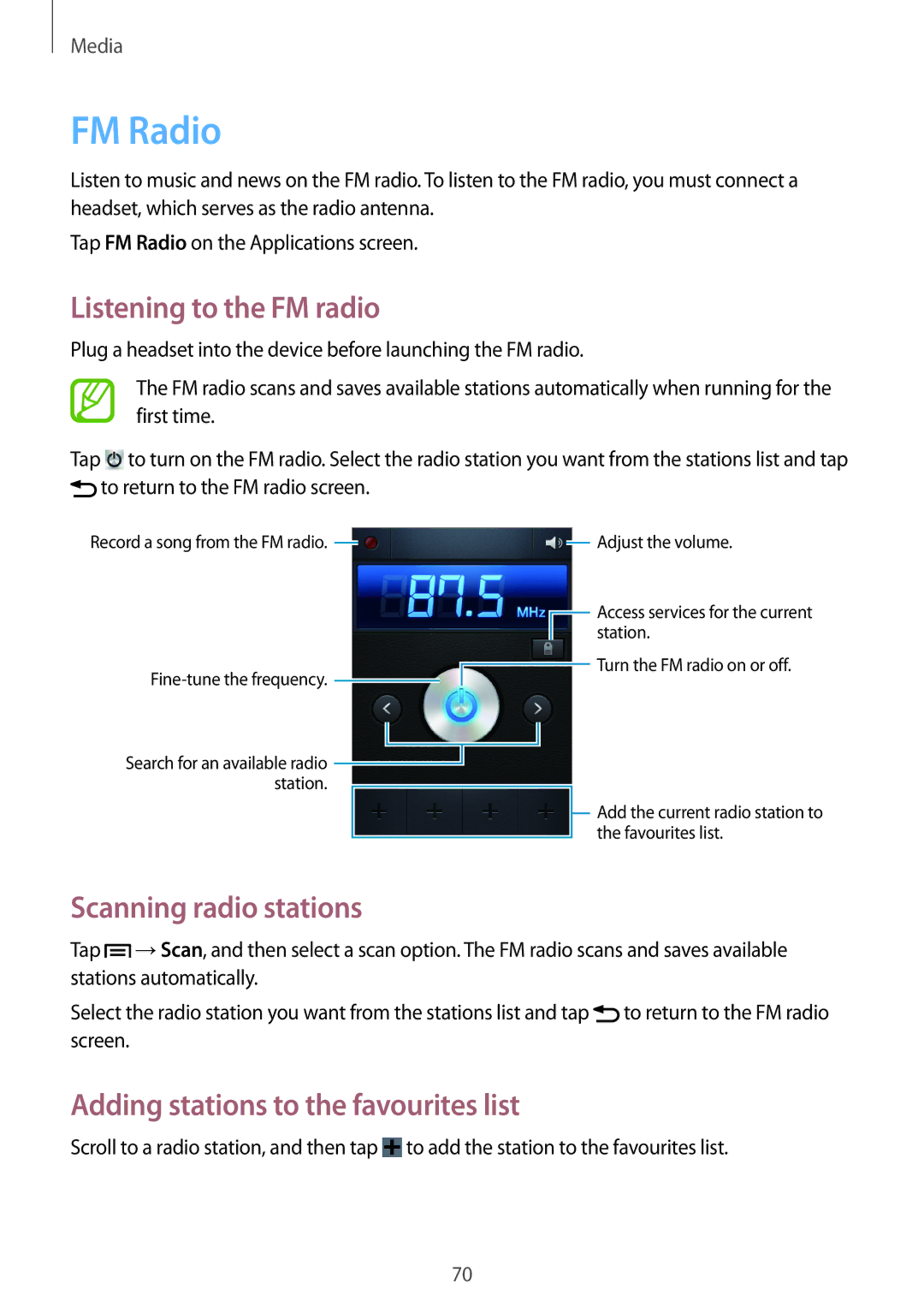 Samsung GT-S6810PWNVGR, GT-S6810PWNTUR, GT-S6810PWNDTM manual FM Radio, Listening to the FM radio, Scanning radio stations 