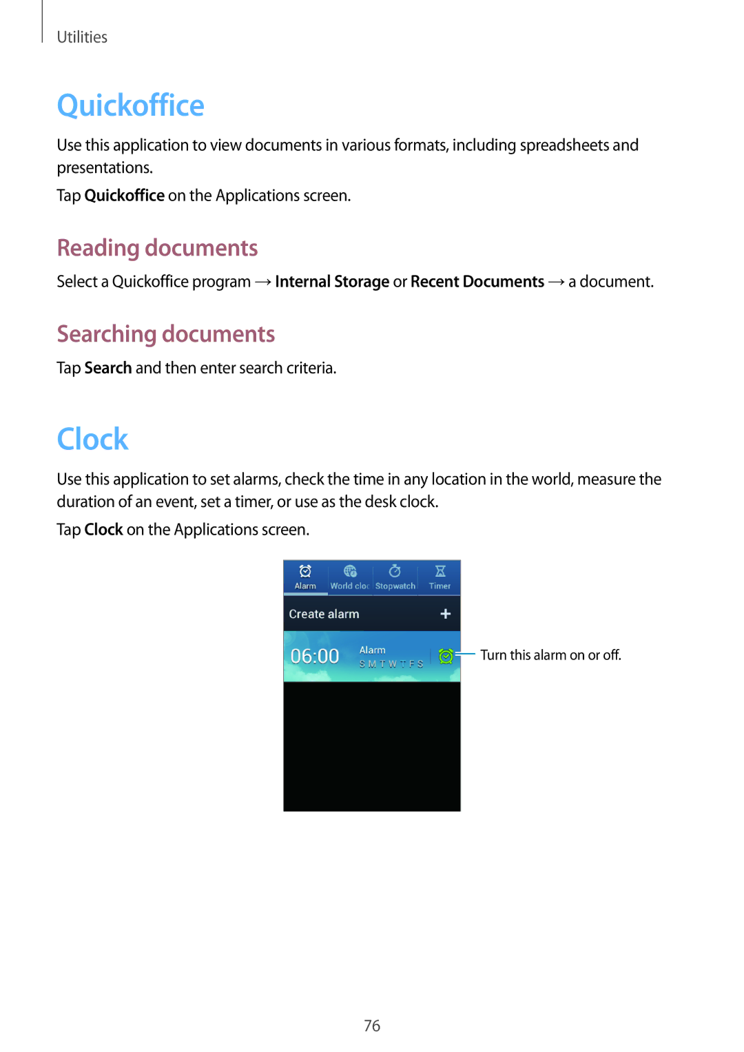 Samsung GT-S6810PWNDTM, GT-S6810PWNTUR, GT-S6810PWNDBT manual Quickoffice, Clock, Reading documents, Searching documents 