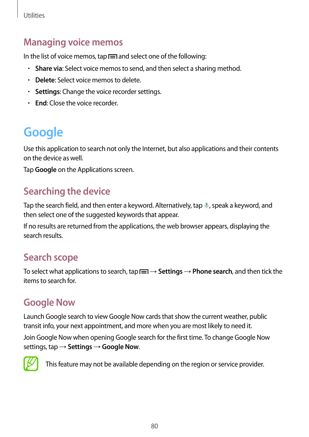 Samsung GT-S6810MBNEUR, GT-S6810PWNTUR manual Managing voice memos, Searching the device, Search scope, Google Now 