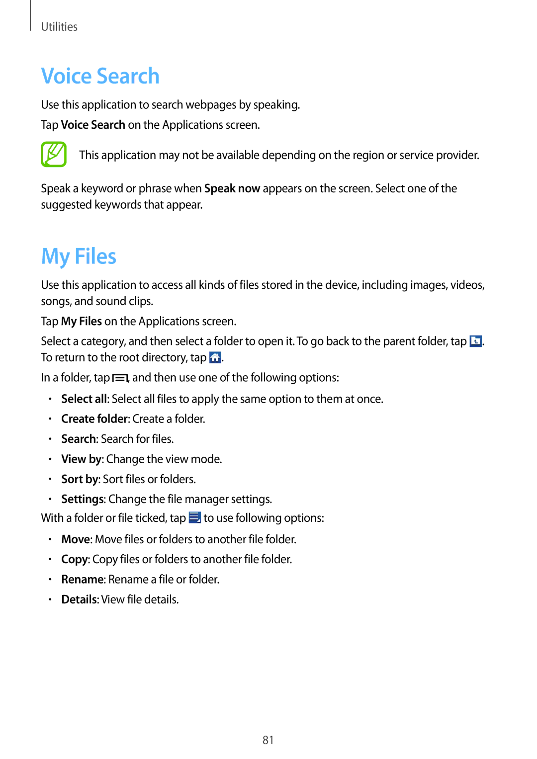 Samsung GT-S6810MBNTMN, GT-S6810PWNTUR, GT-S6810PWNDTM, GT-S6810PWNDBT, GT-S6810MBNTUR, GT-S6810MBNDBT Voice Search, My Files 