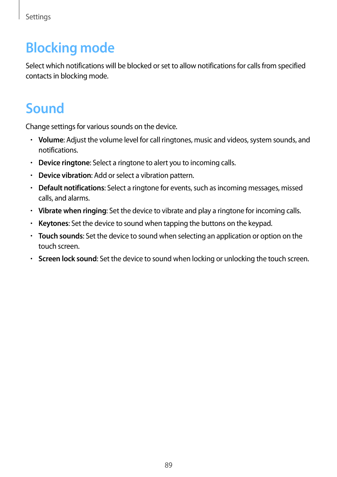 Samsung GT-S6810PWNCOS, GT-S6810PWNTUR, GT-S6810PWNDTM, GT-S6810PWNDBT, GT-S6810MBNTUR, GT-S6810MBNDBT Blocking mode, Sound 