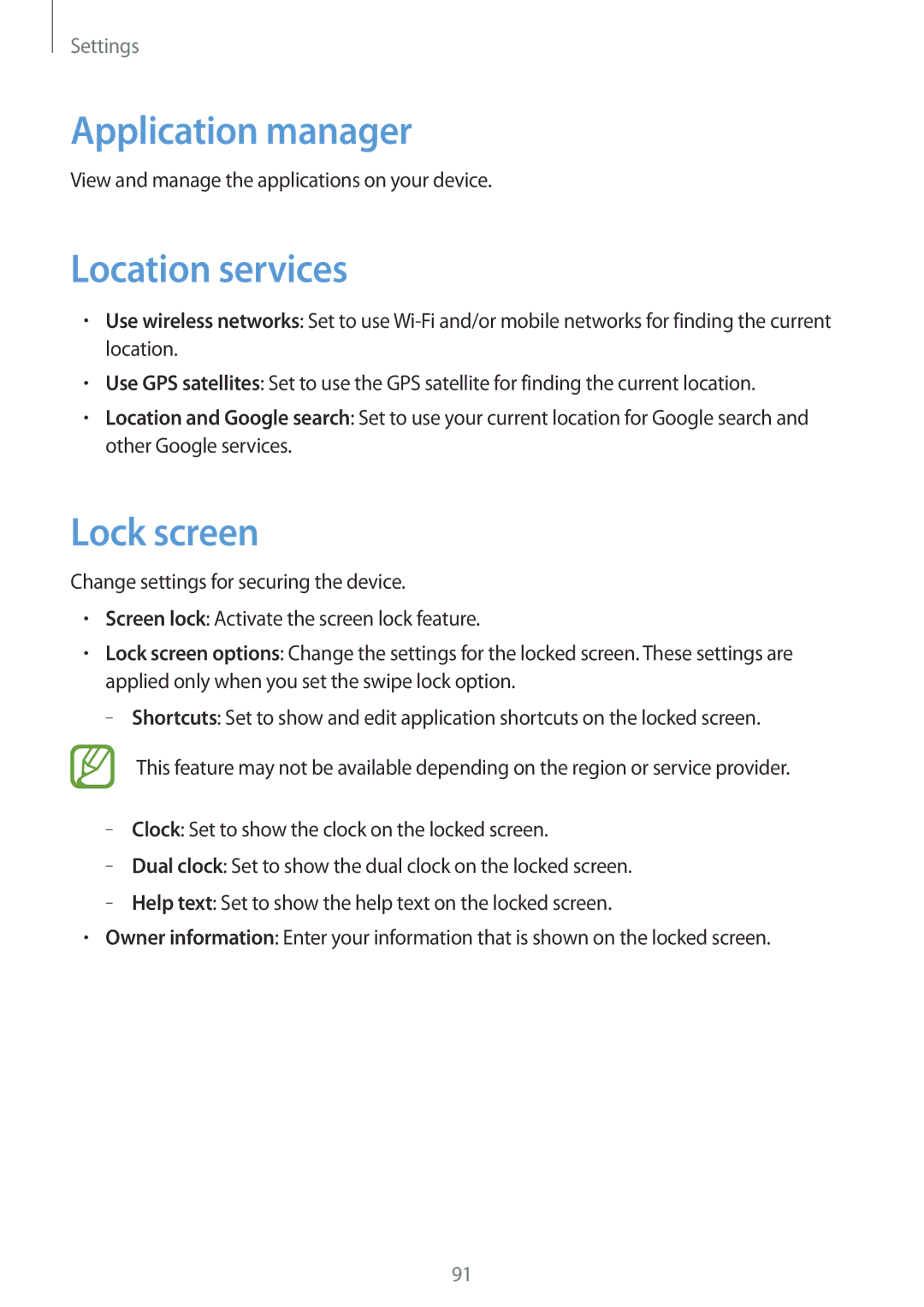 Samsung GT-S6810MBNMEO, GT-S6810PWNTUR, GT-S6810PWNDTM, GT-S6810PWNDBT Application manager, Location services, Lock screen 